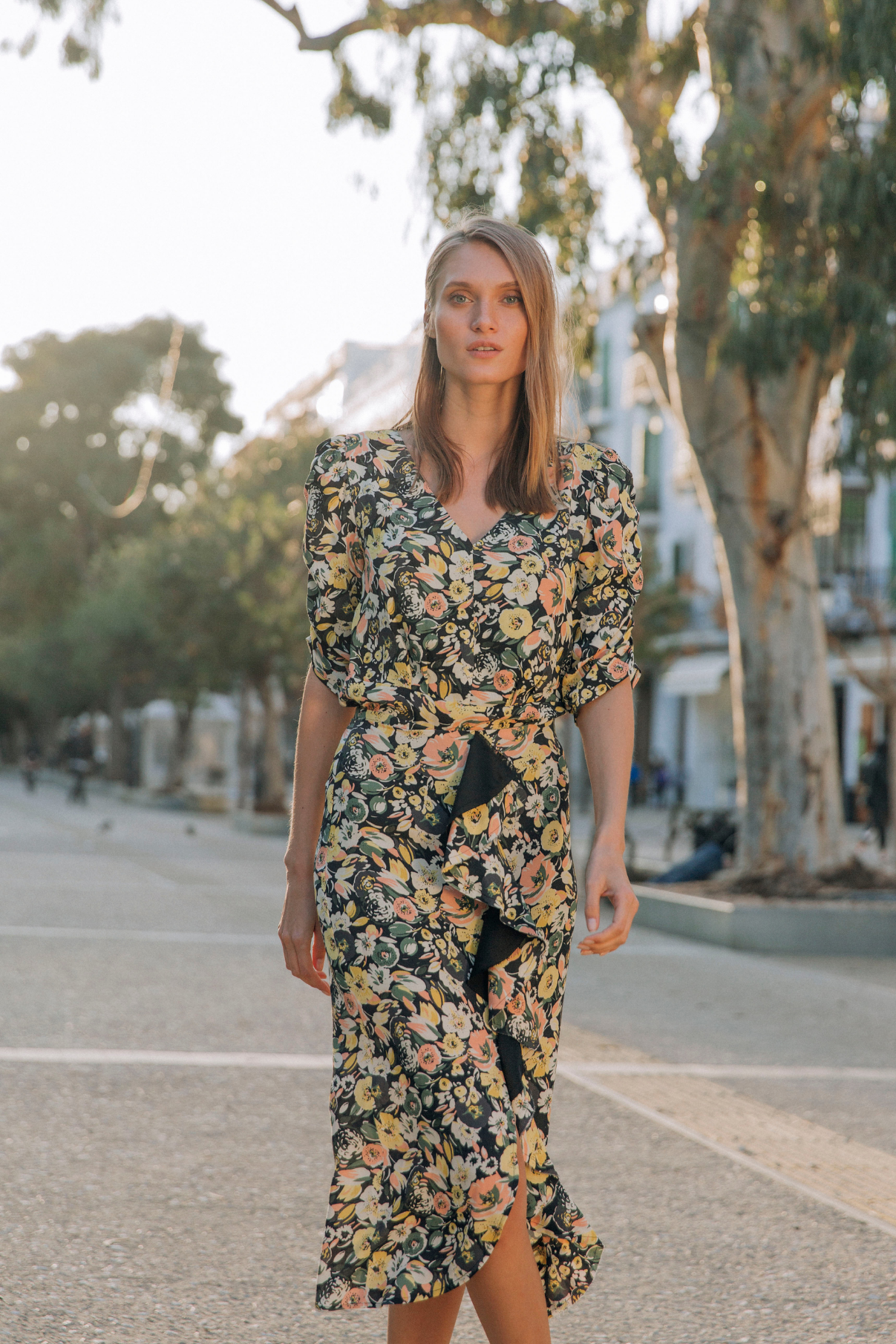 PRINTED FLOWER RUFFLED SKIRT