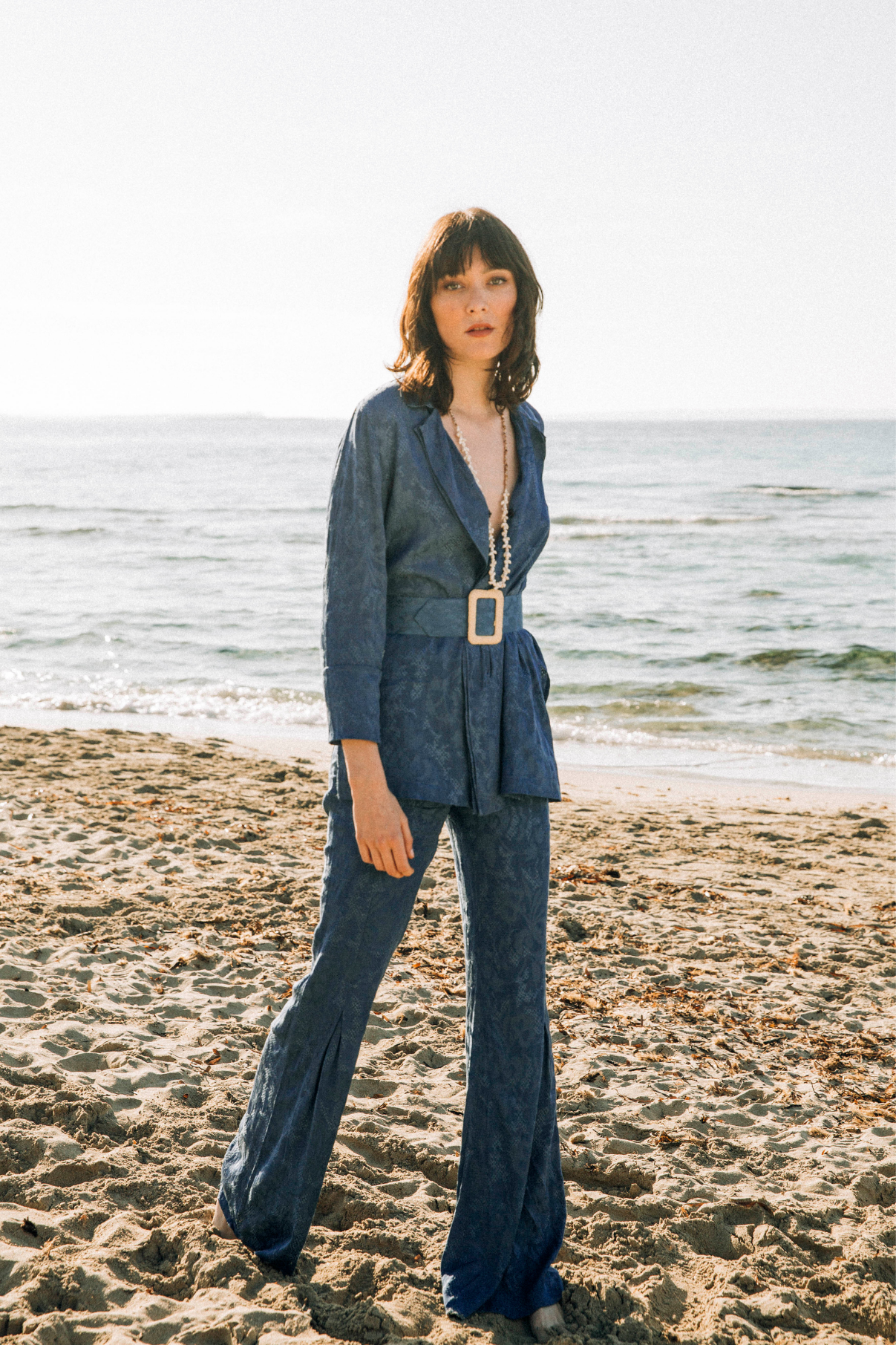 JCQ BLUE EMBROIDERED PLEATED PANTS