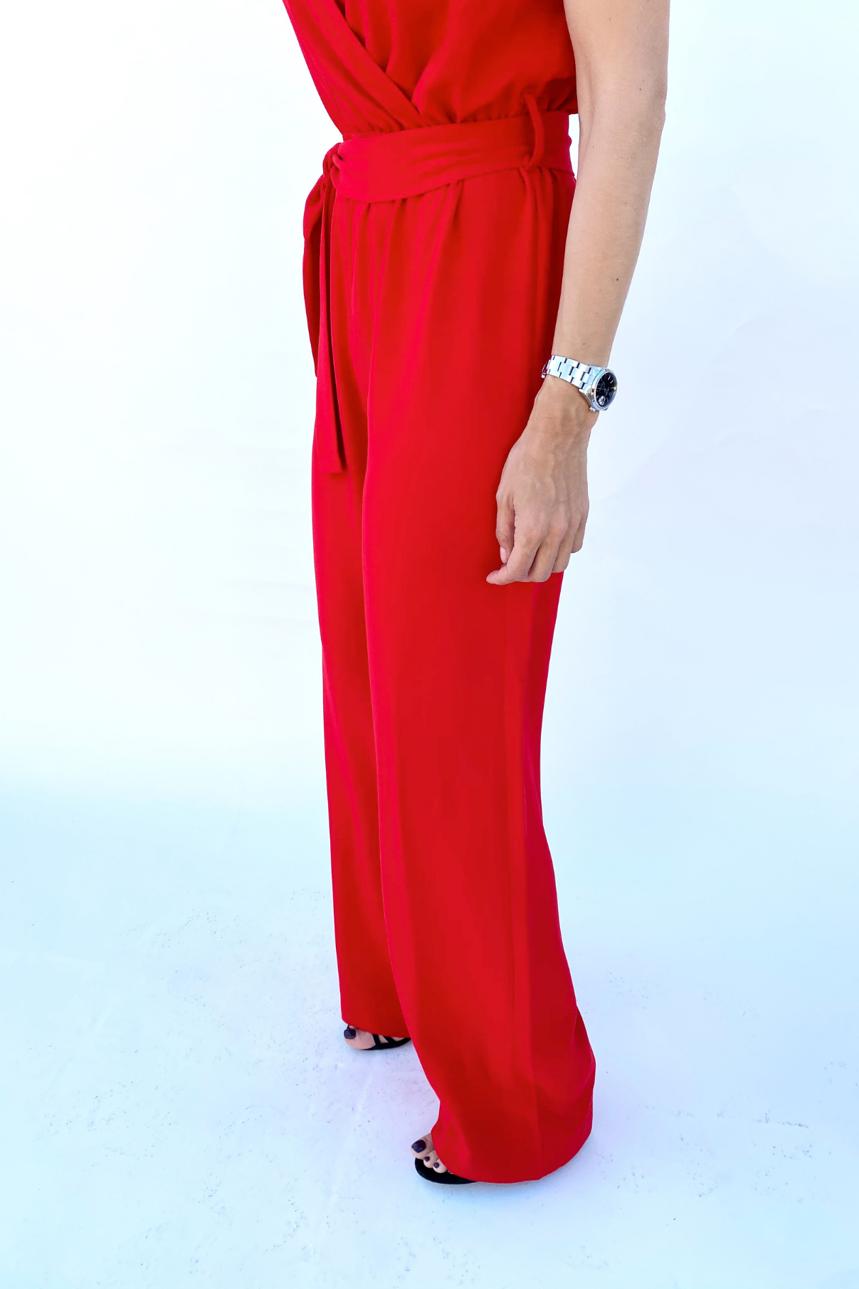 RED CREPE CROSSOVER JUMPSUIT