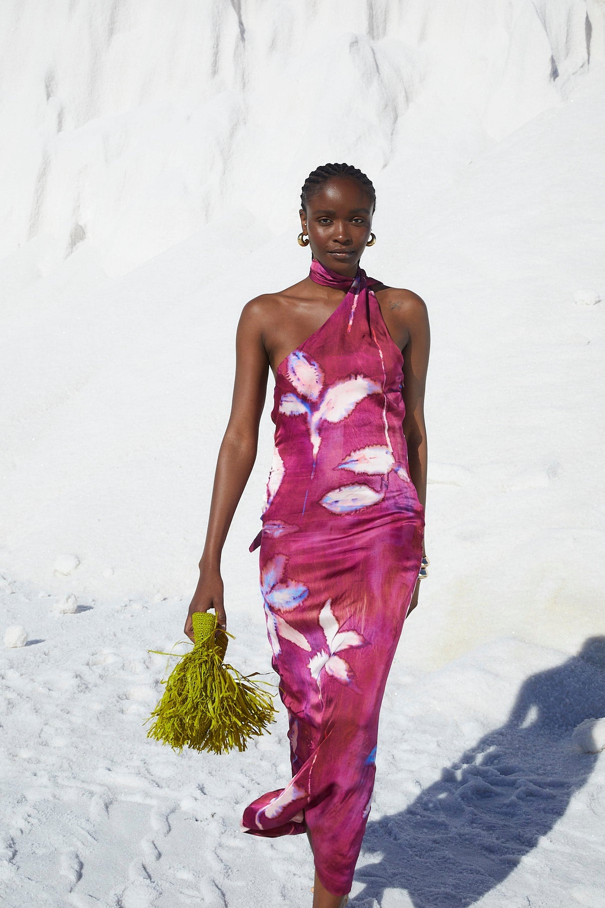 FLOWER SATIN HALTER DRESS