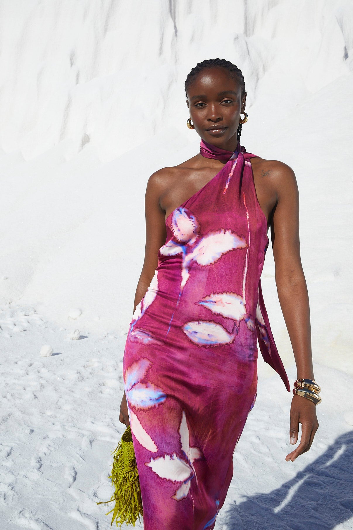 FLOWER SATIN HALTER DRESS
