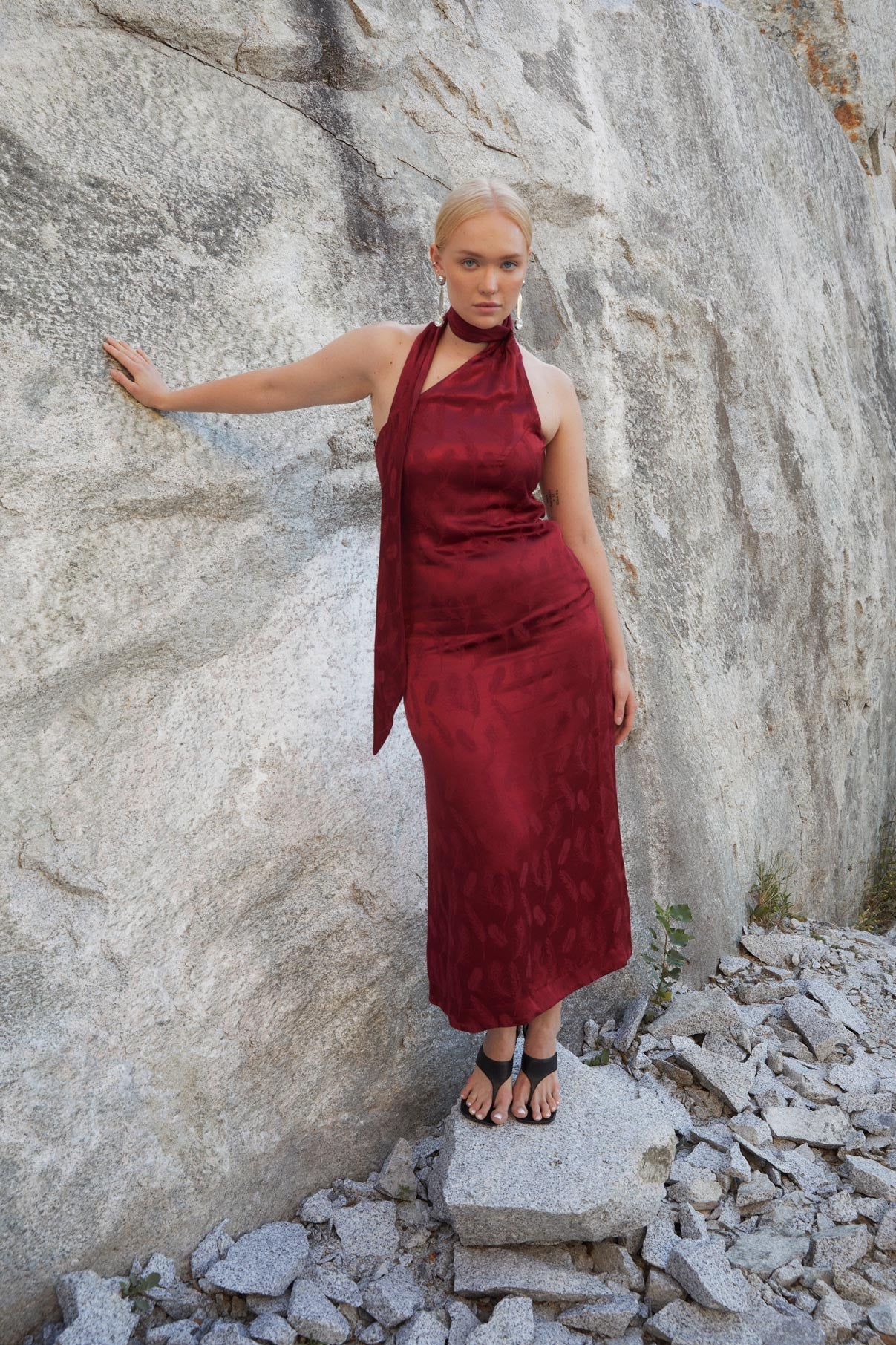 CHERRY FEATHER HALTER DRESS