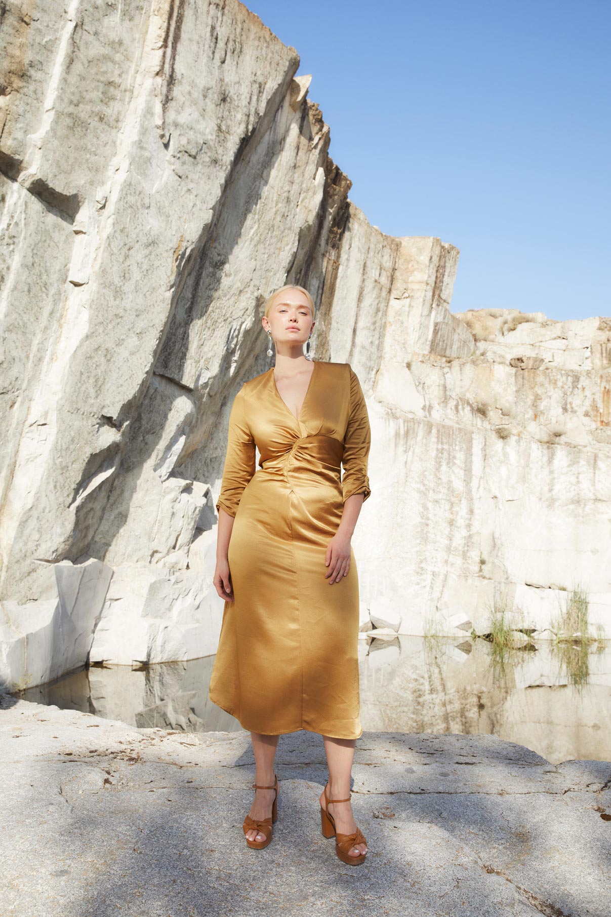 FERNANDA OCHRE SATIN DRESS