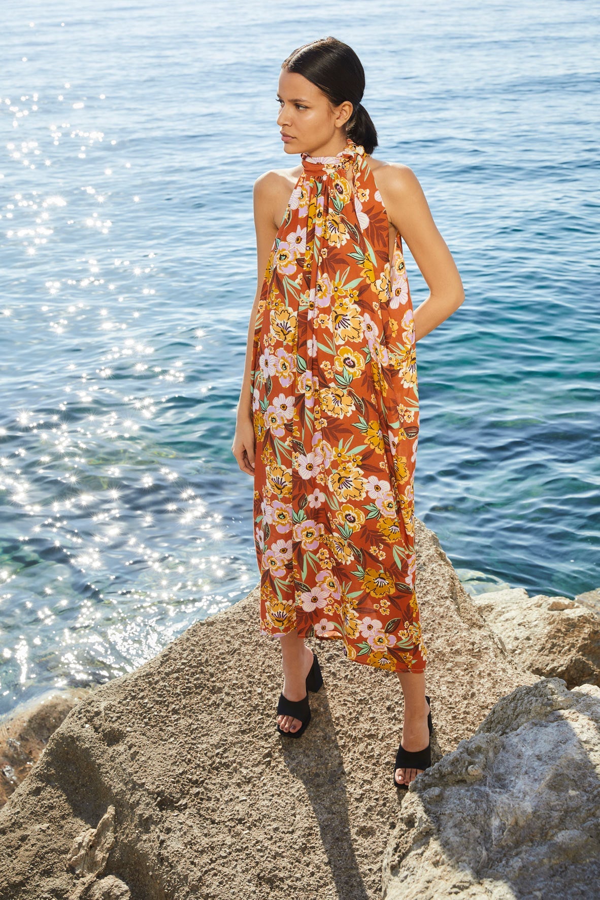 WATERCOLOR FLOWER HALTER DRESS