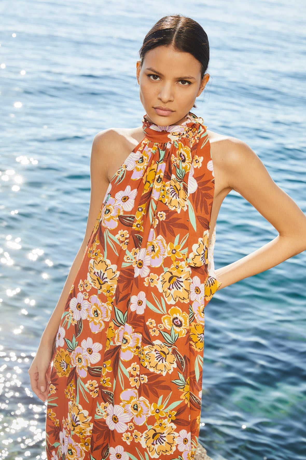WATERCOLOR FLOWER HALTER DRESS