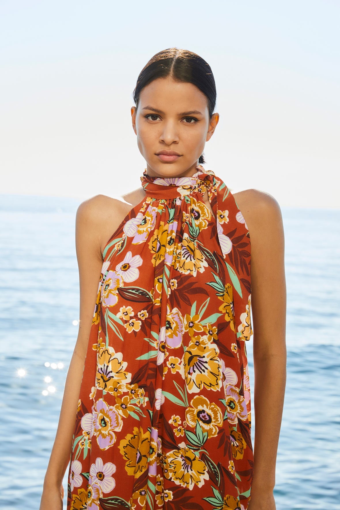 WATERCOLOR FLOWER HALTER DRESS
