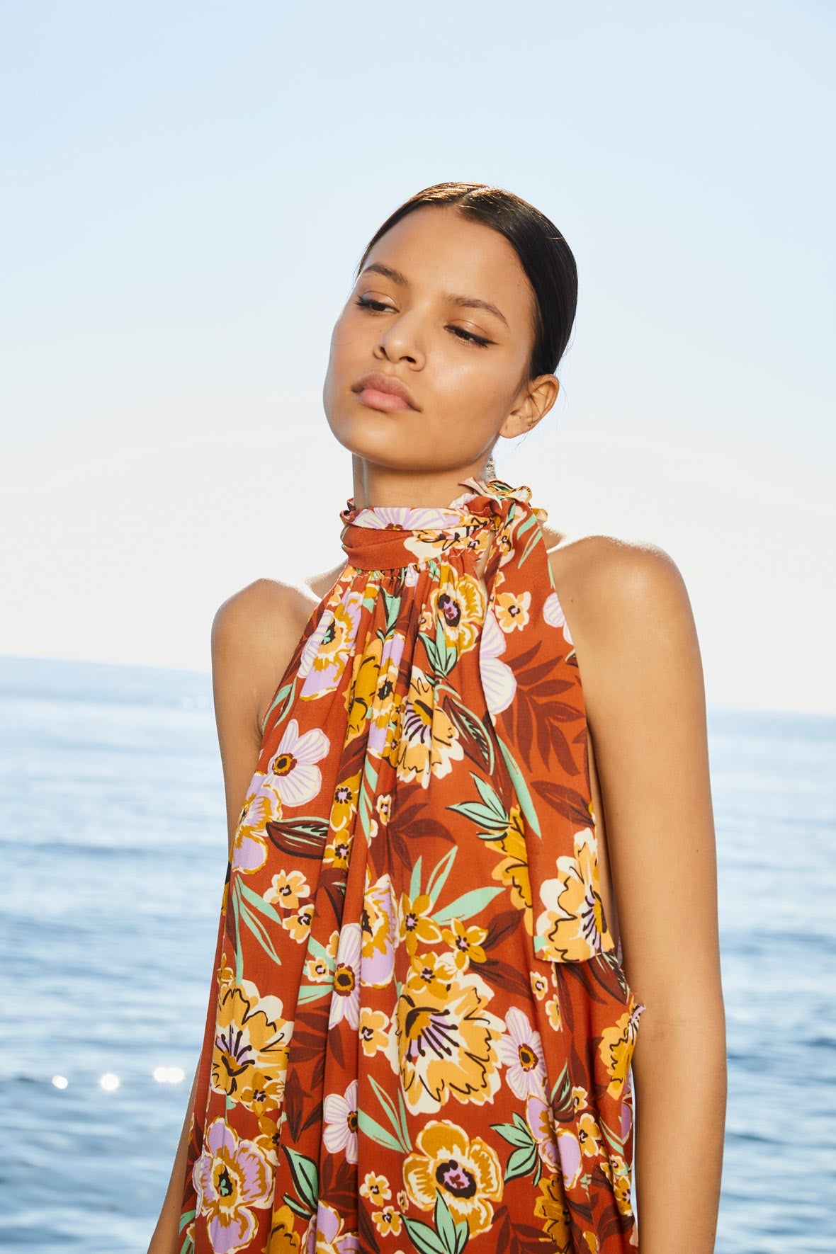 WATERCOLOR FLOWER HALTER DRESS