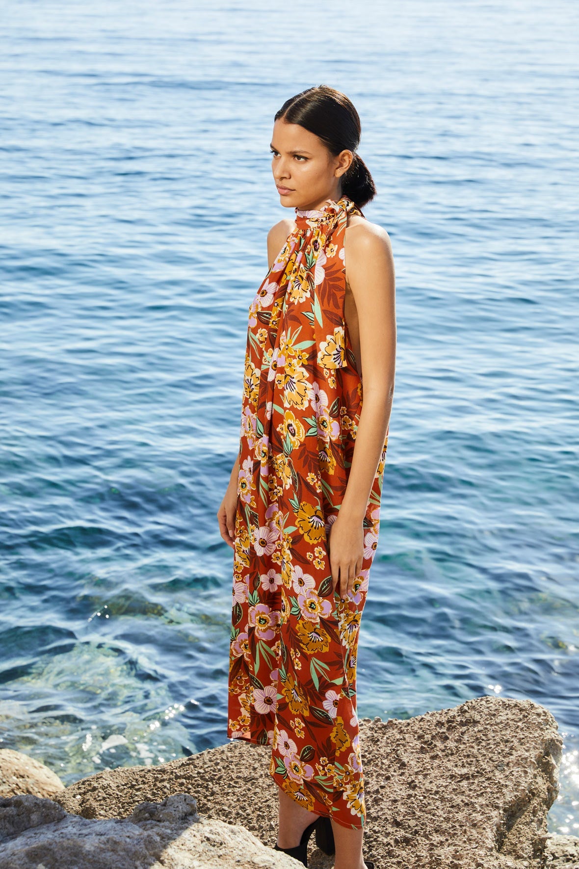 WATERCOLOR FLOWER HALTER DRESS