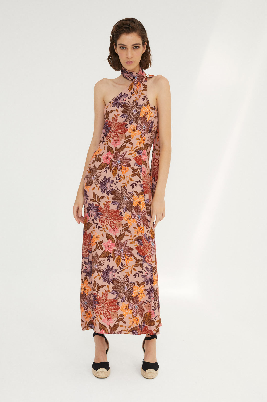 NUDE FLOWER HALTER DRESS