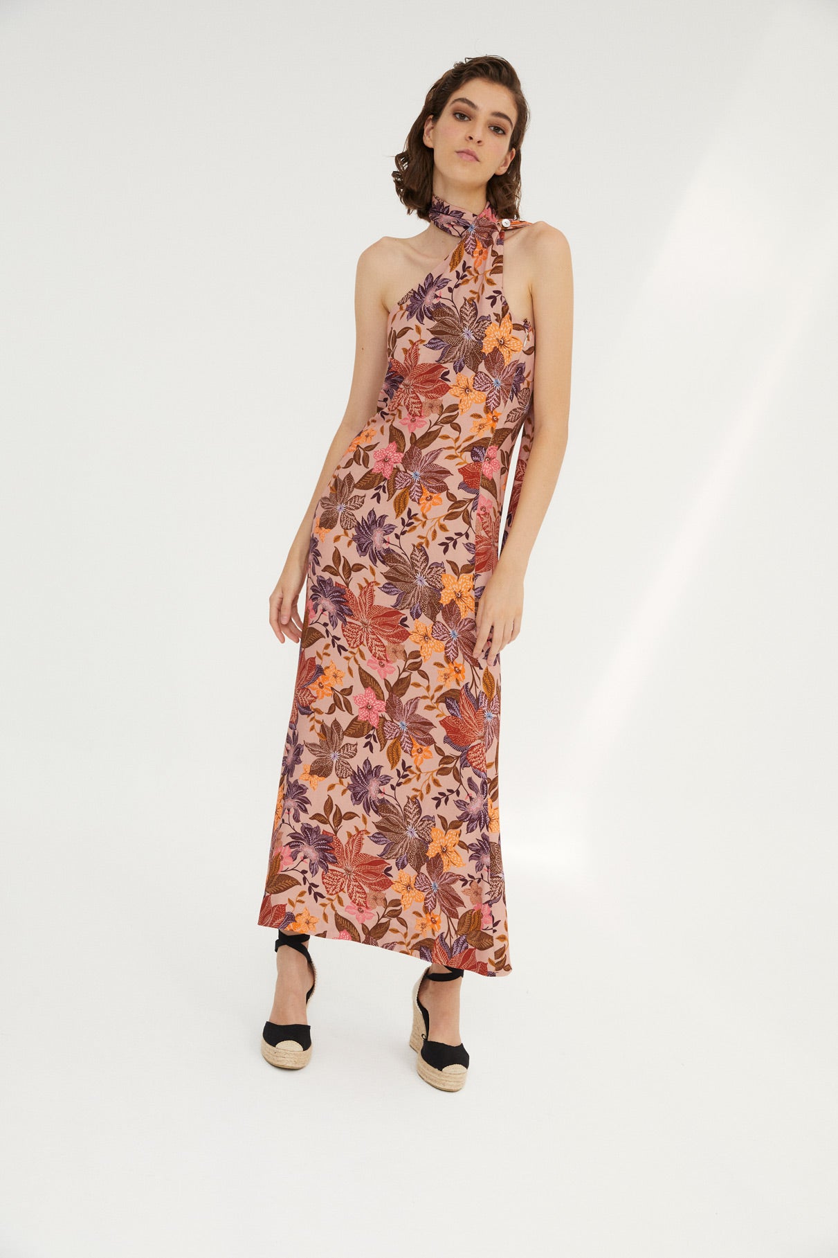 NUDE FLOWER HALTER DRESS