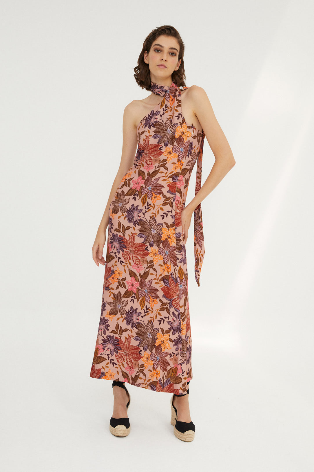 NUDE FLOWER HALTER DRESS