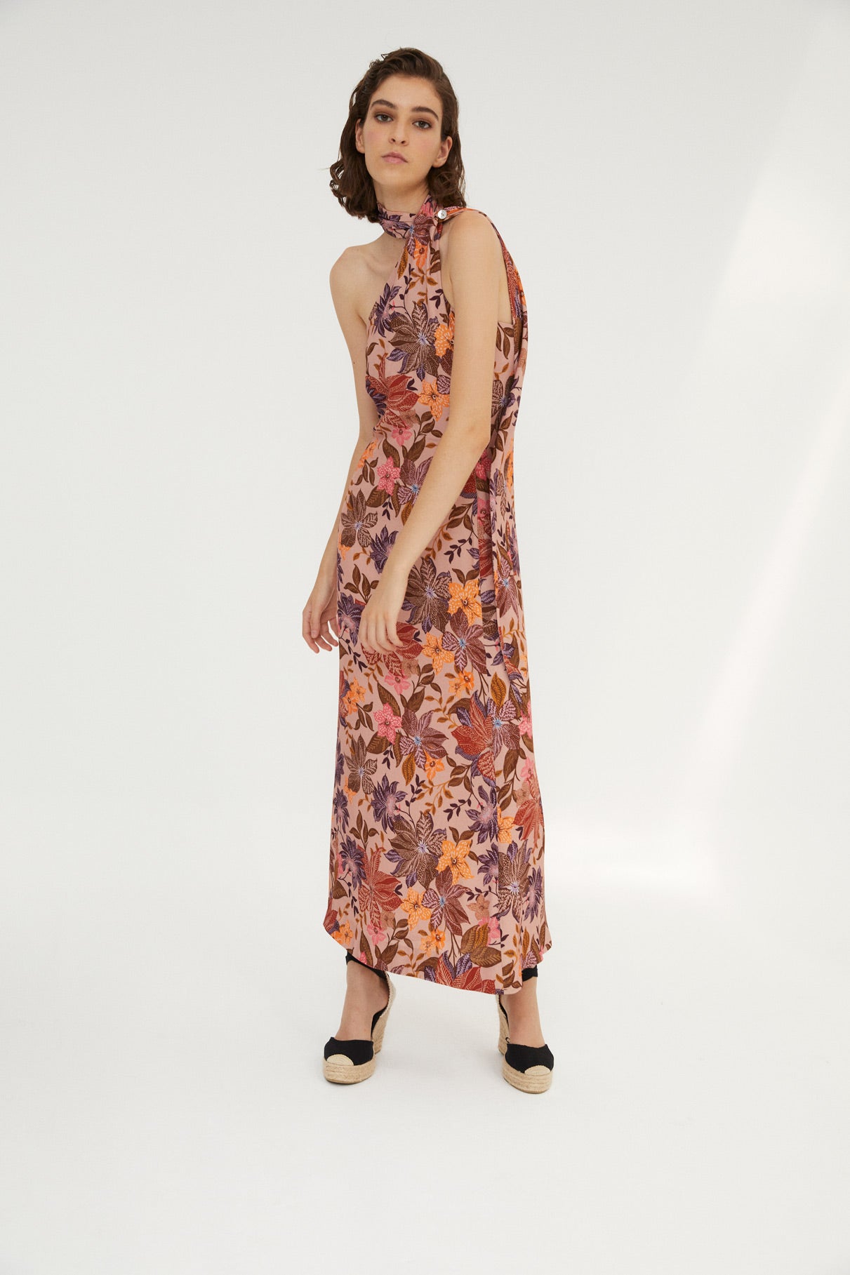 NUDE FLOWER HALTER DRESS