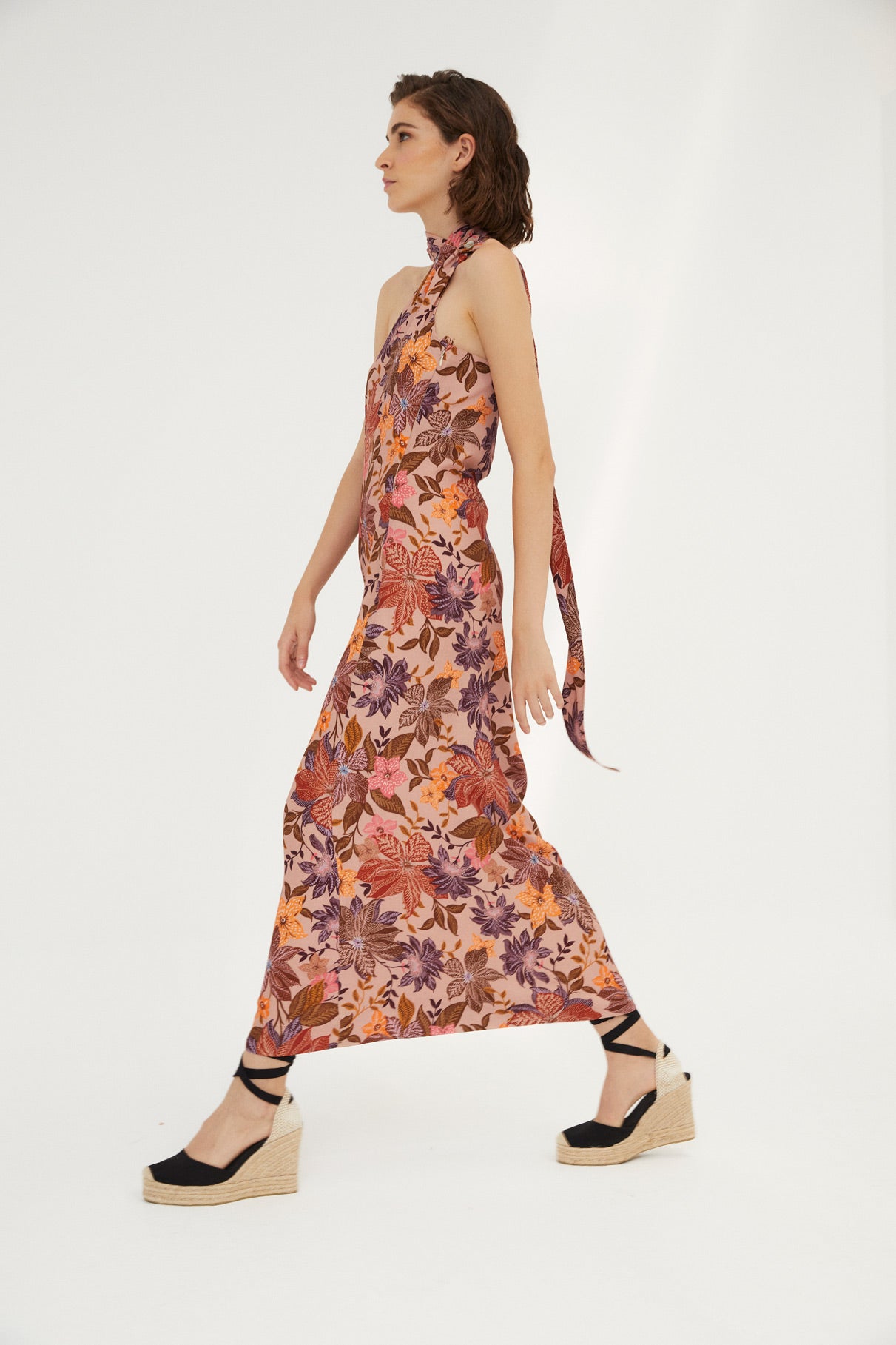 NUDE FLOWER HALTER DRESS