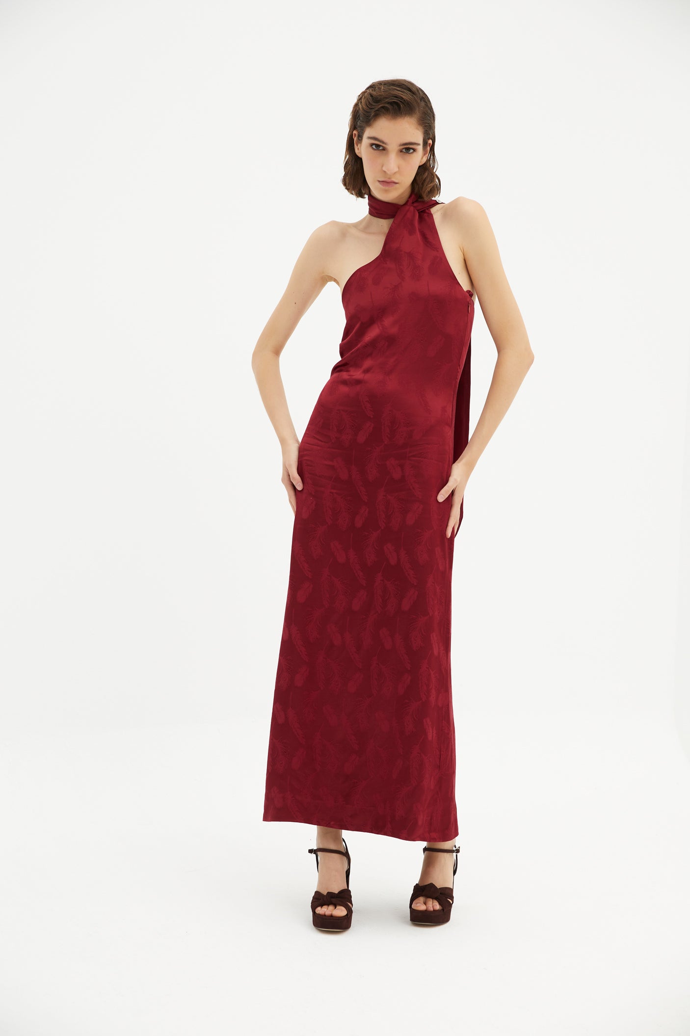 CHERRY FEATHER HALTER DRESS