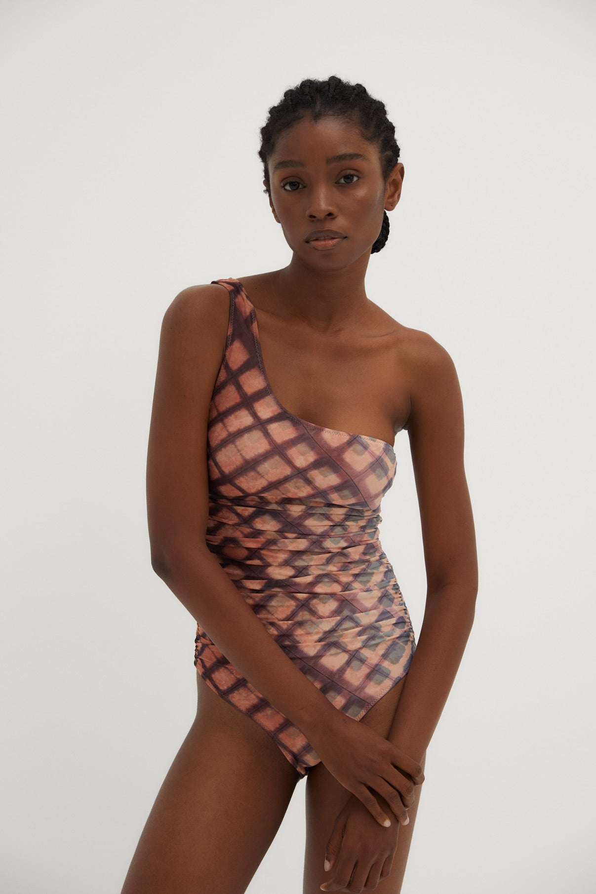 NUDE TULLE GATHERED SWIMSUIT