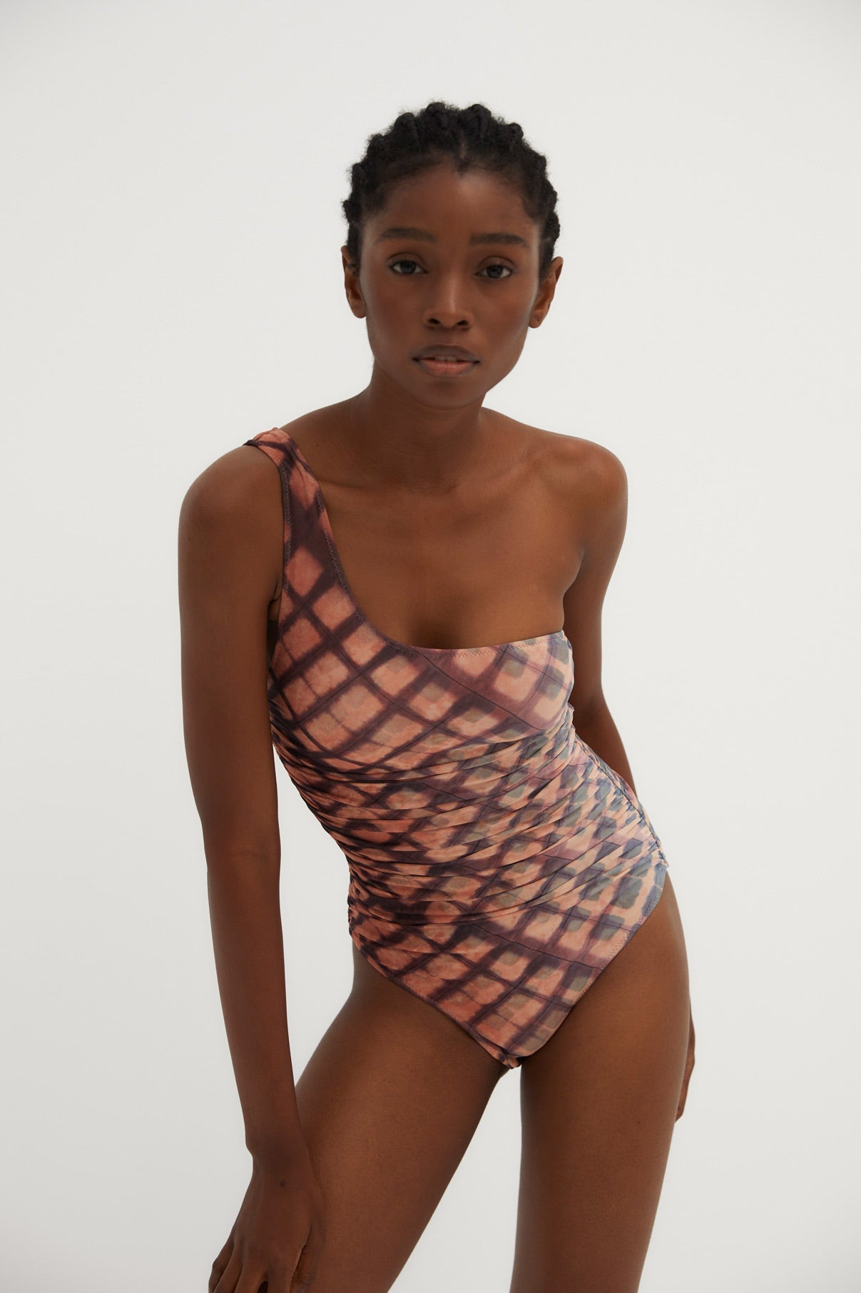 NUDE TULLE GATHERED SWIMSUIT