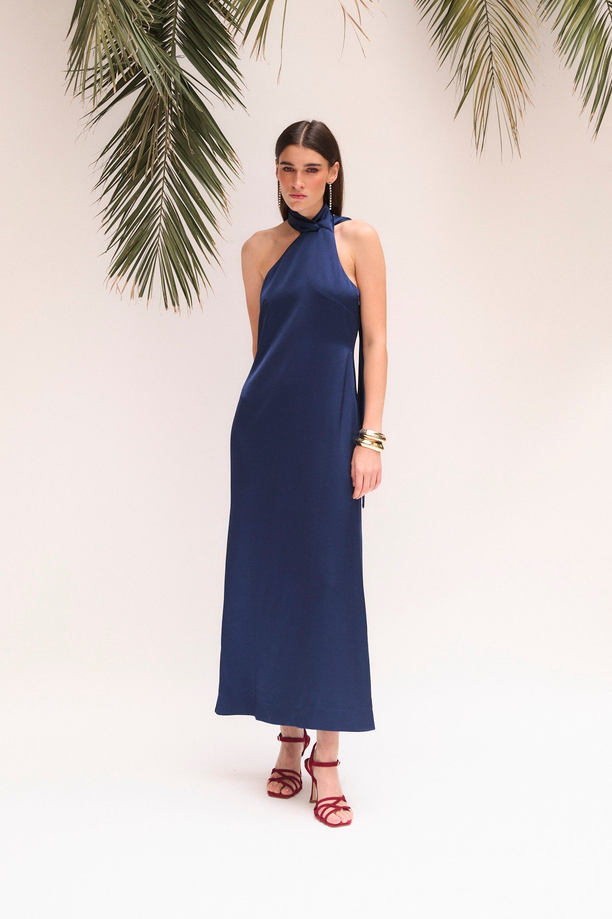 NAVY SATIN HALTER DRESS