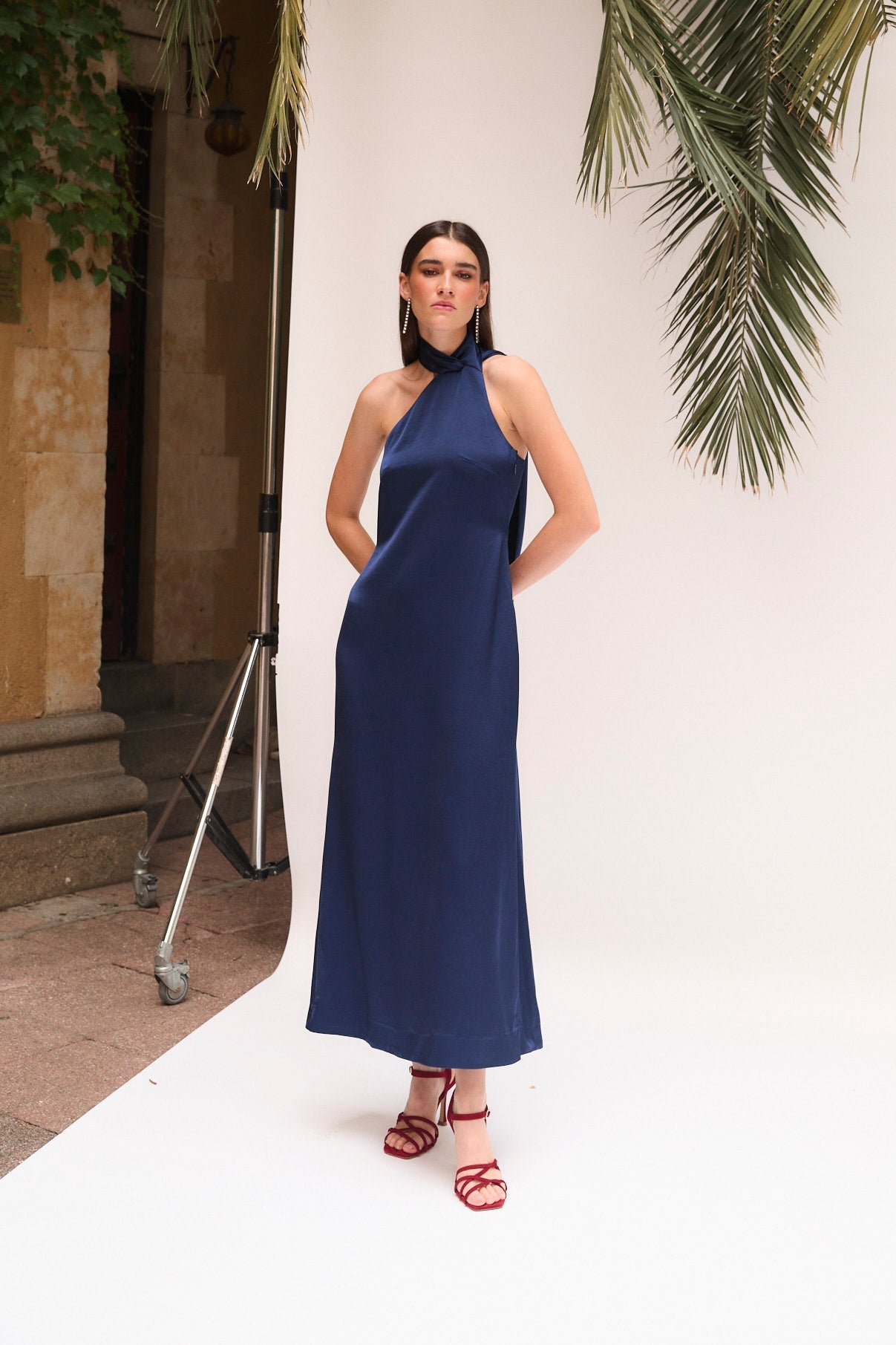 NAVY SATIN HALTER DRESS