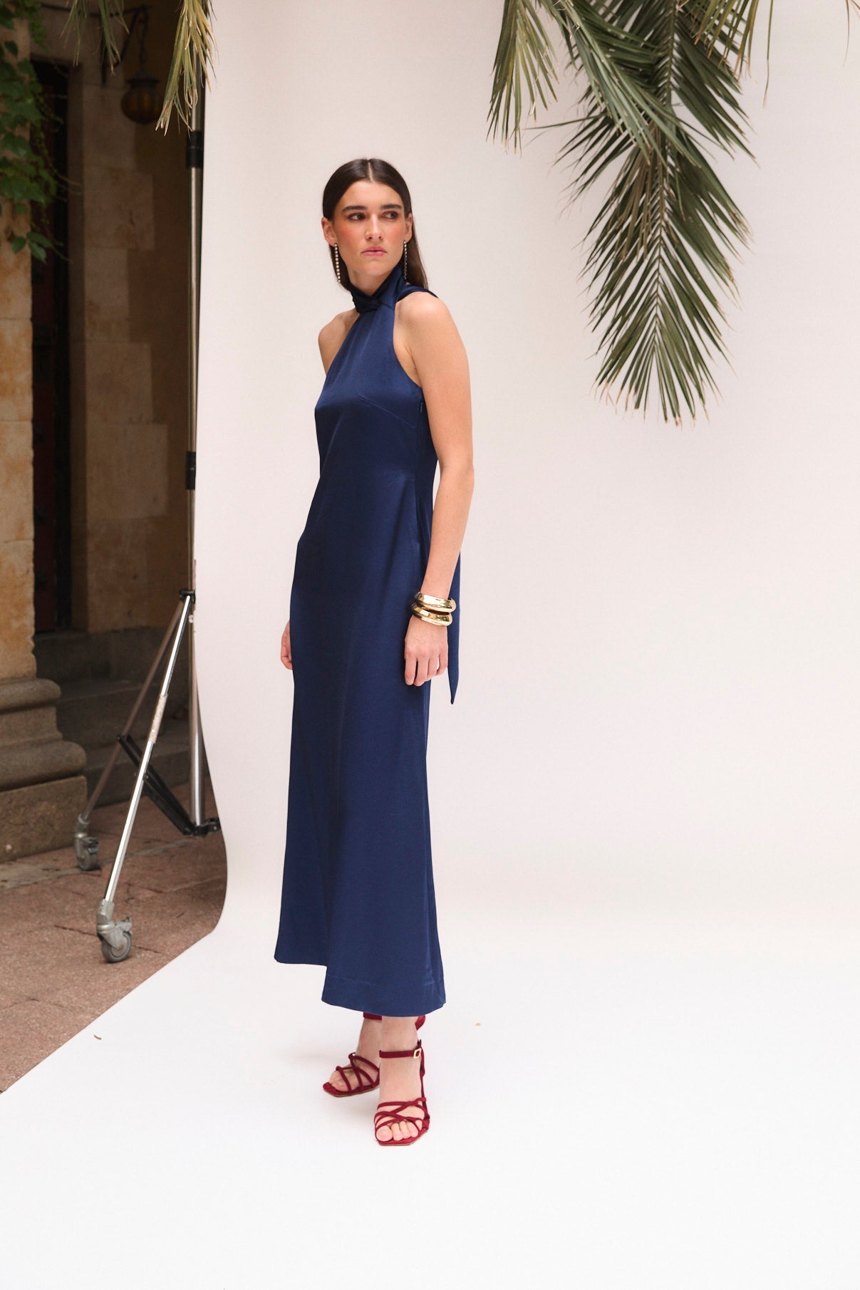 NAVY SATIN HALTER DRESS