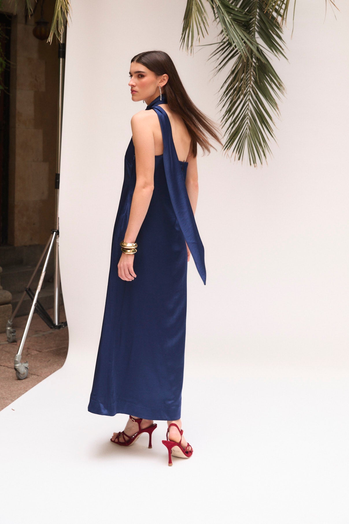 NAVY SATIN HALTER DRESS