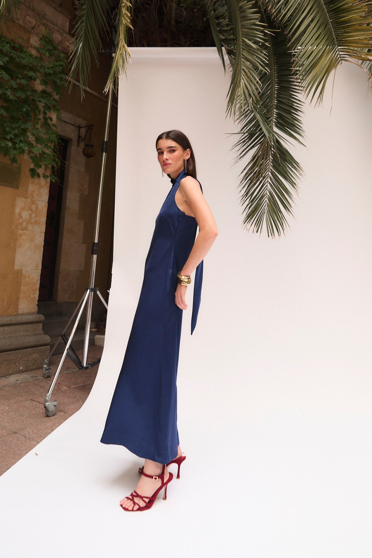 NAVY SATIN HALTER DRESS
