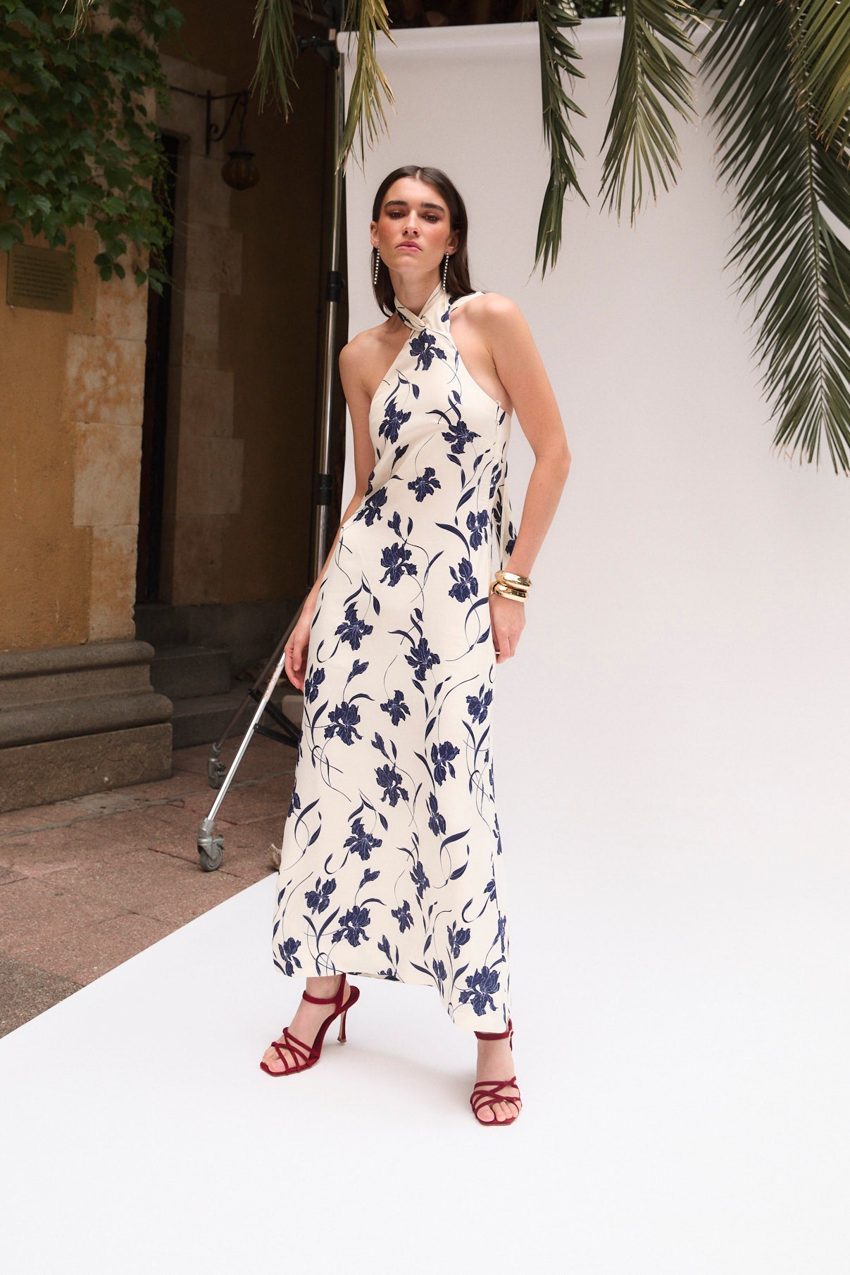 NAVY ORCHID HALTER DRESS