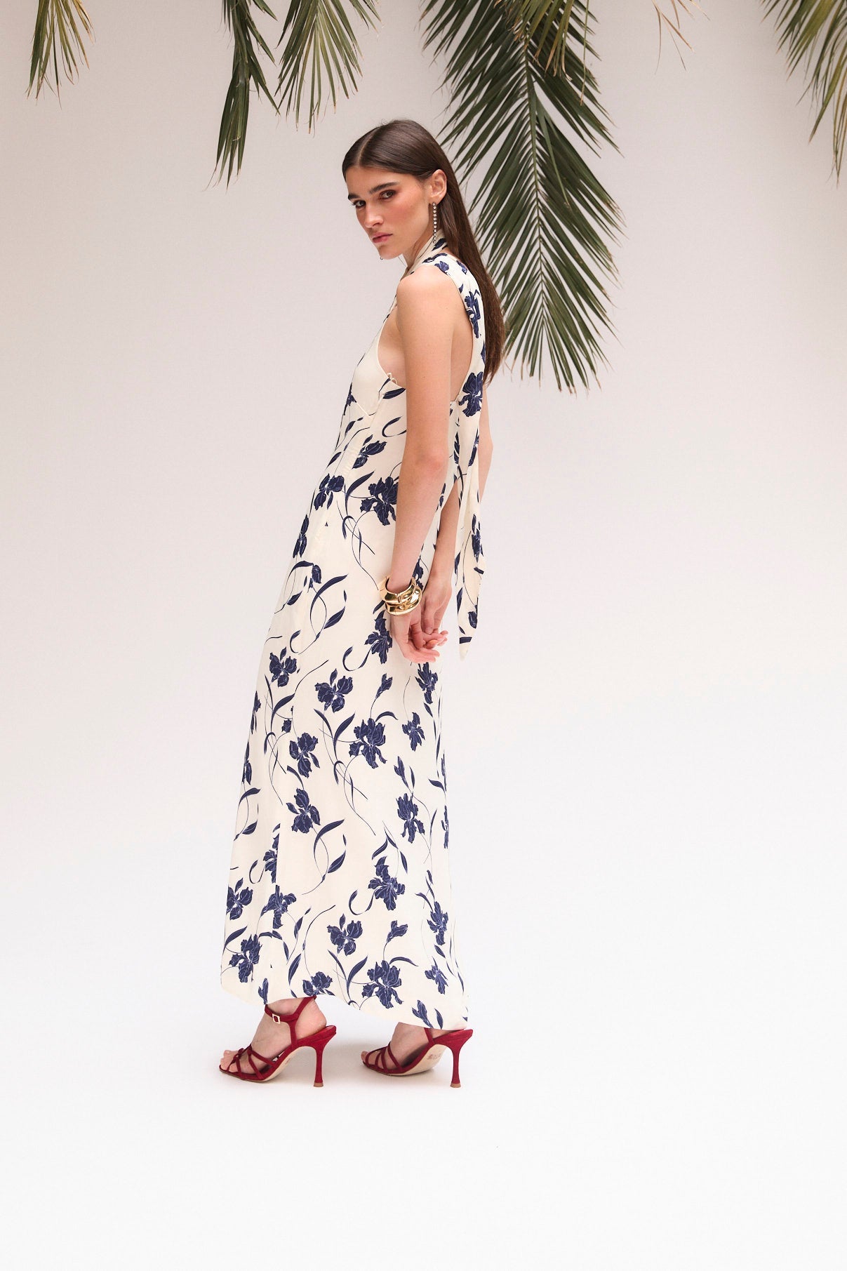 NAVY ORCHID HALTER DRESS