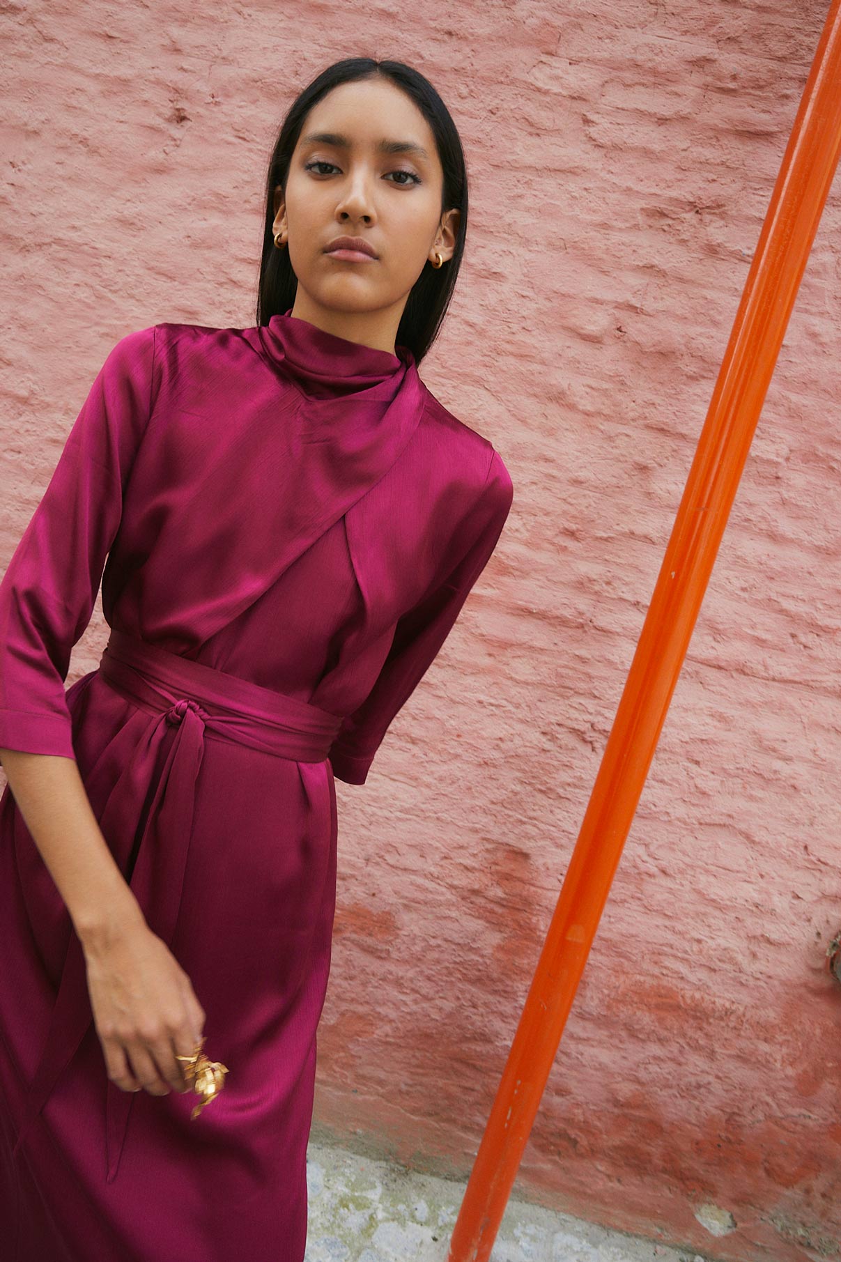 CLOTILDE SATIN DRESS WRINKLED PLUM