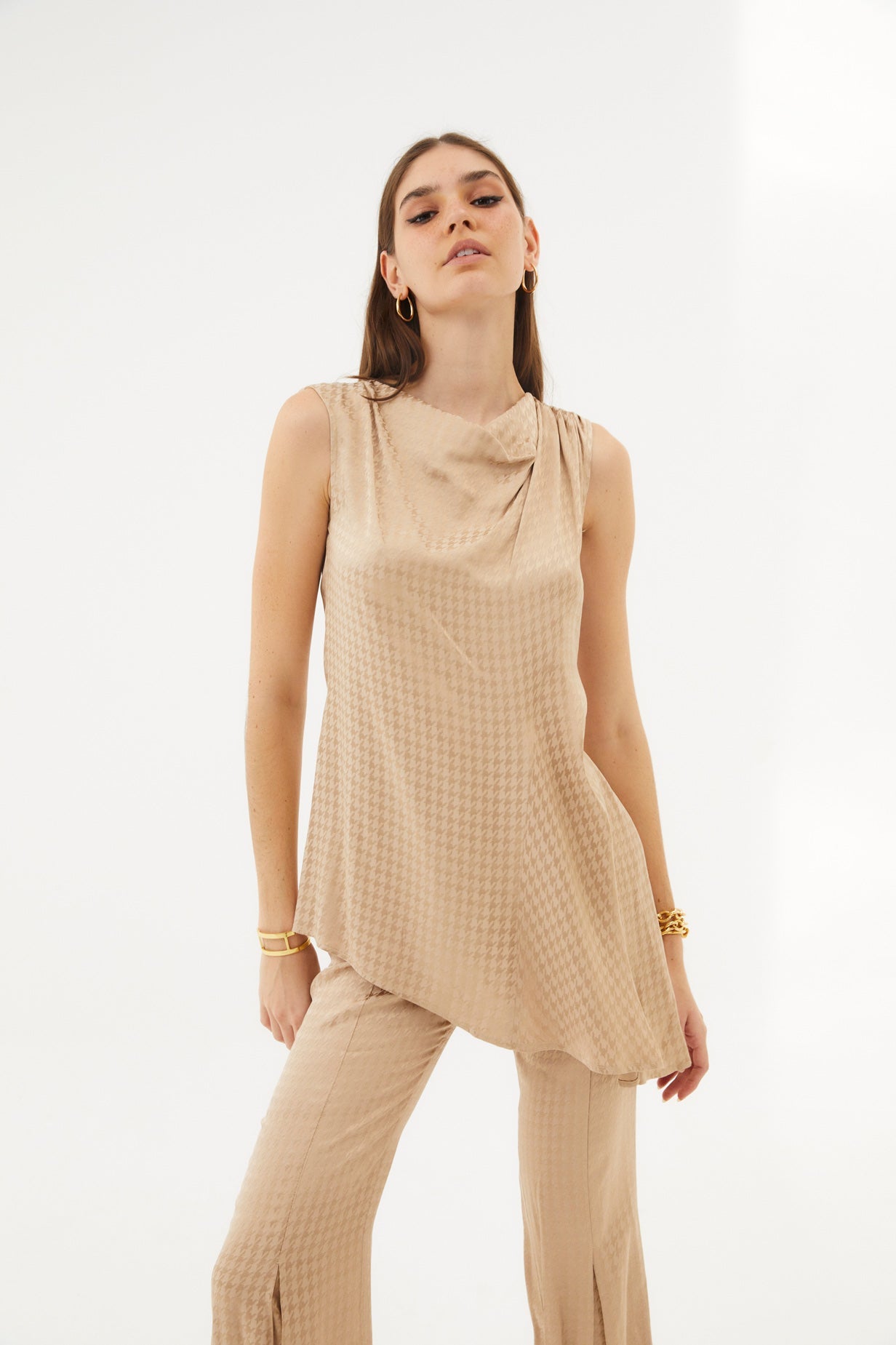 HOUNDSTOOTH SCARF TUNIC SAND