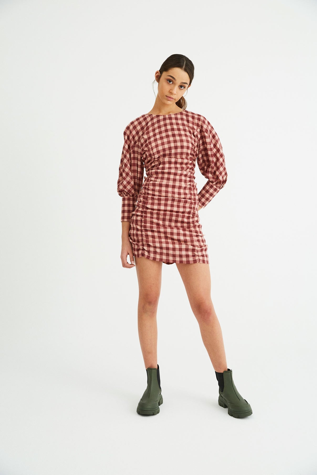 VICHY-WAFFLE GATHERED DRESS