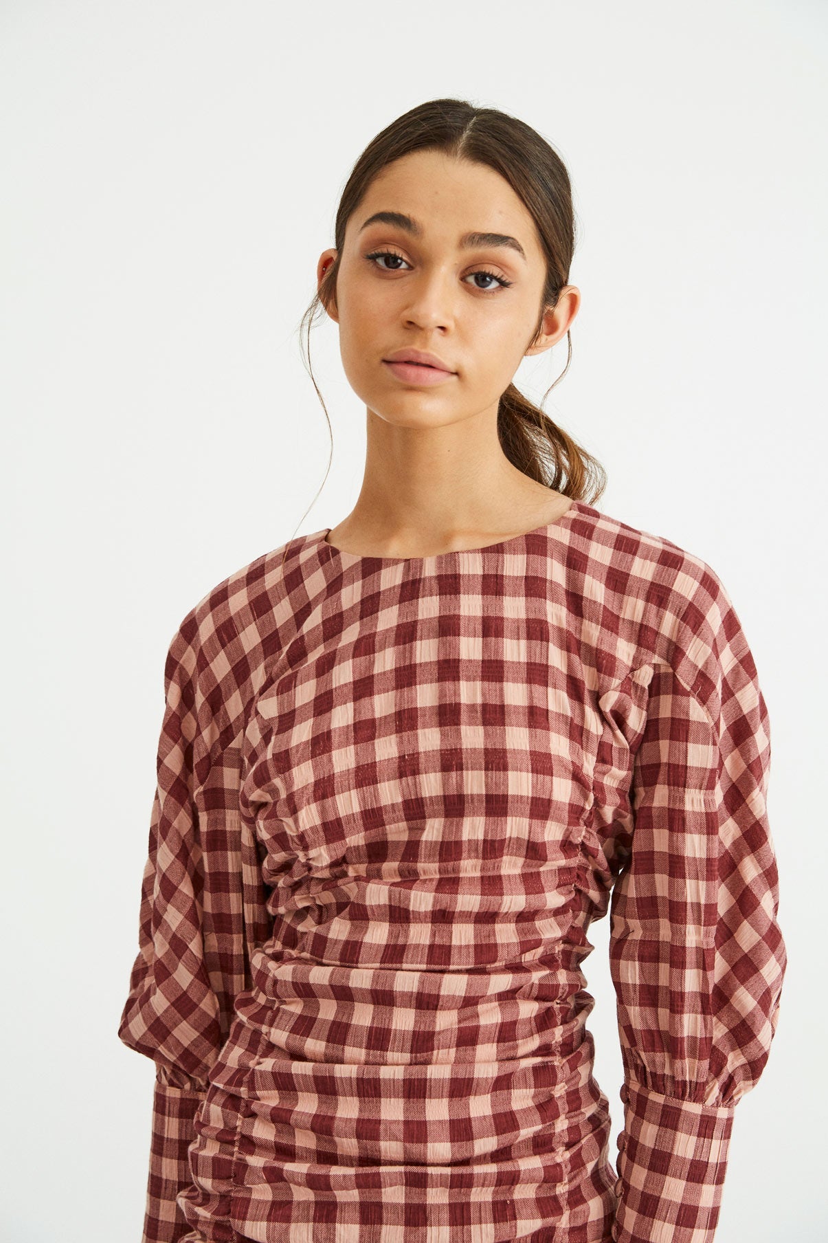 VICHY-WAFFLE GATHERED DRESS