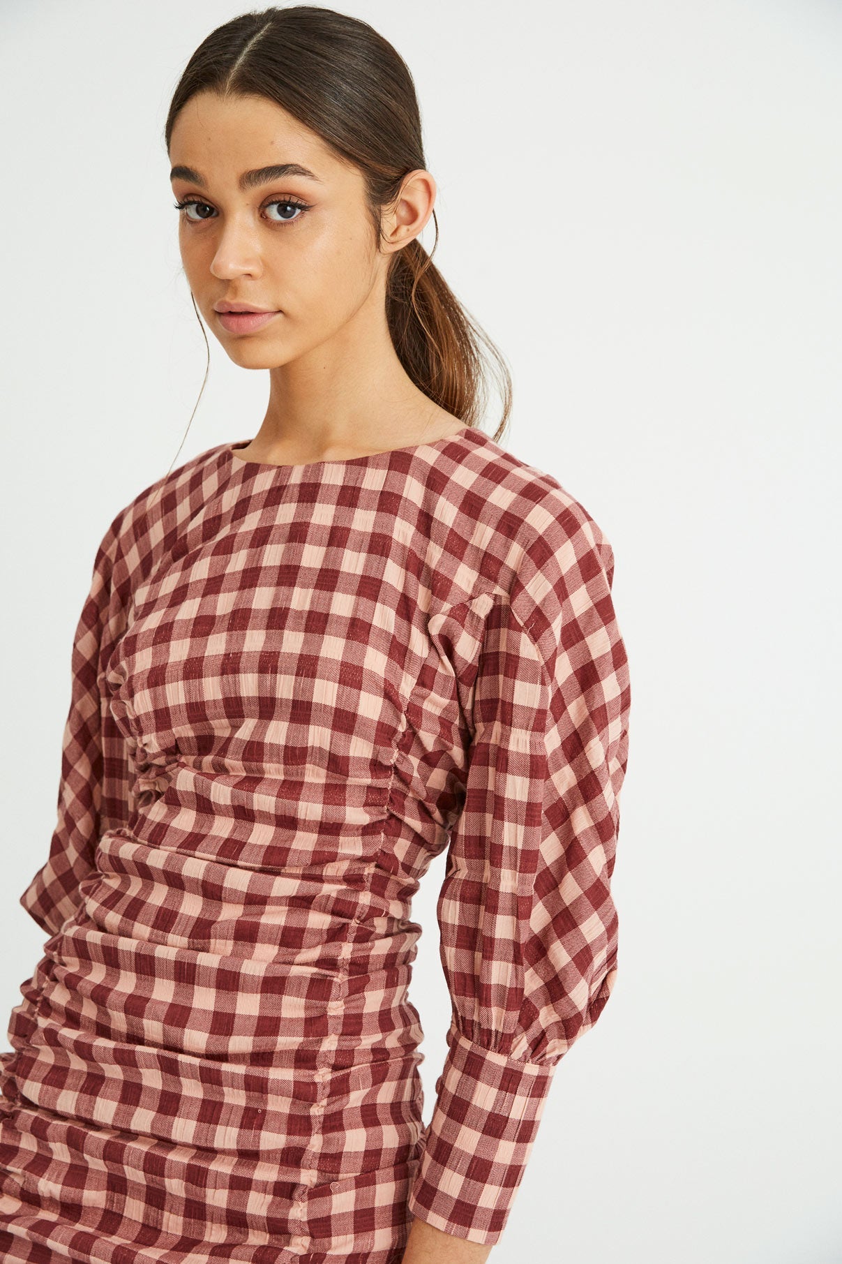 VICHY-WAFFLE GATHERED DRESS