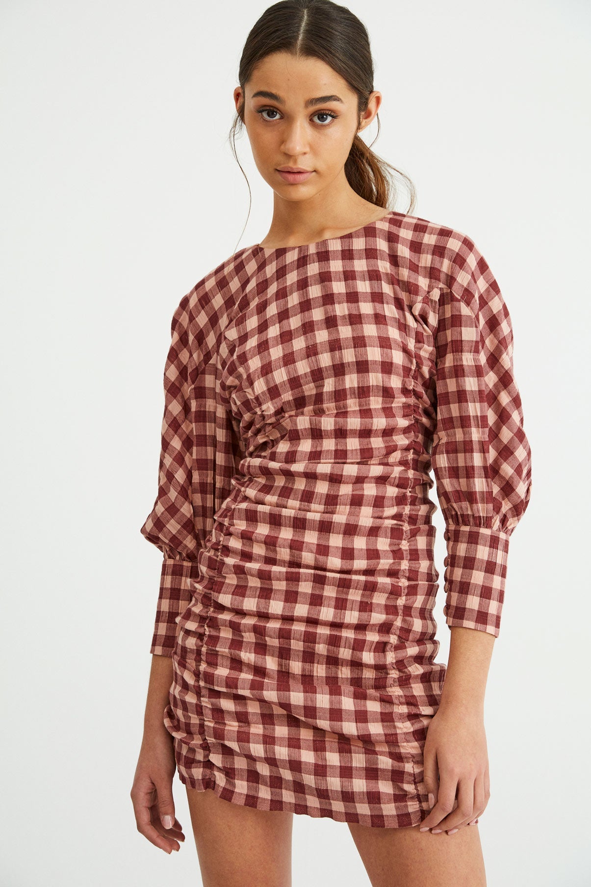 VICHY-WAFFLE GATHERED DRESS