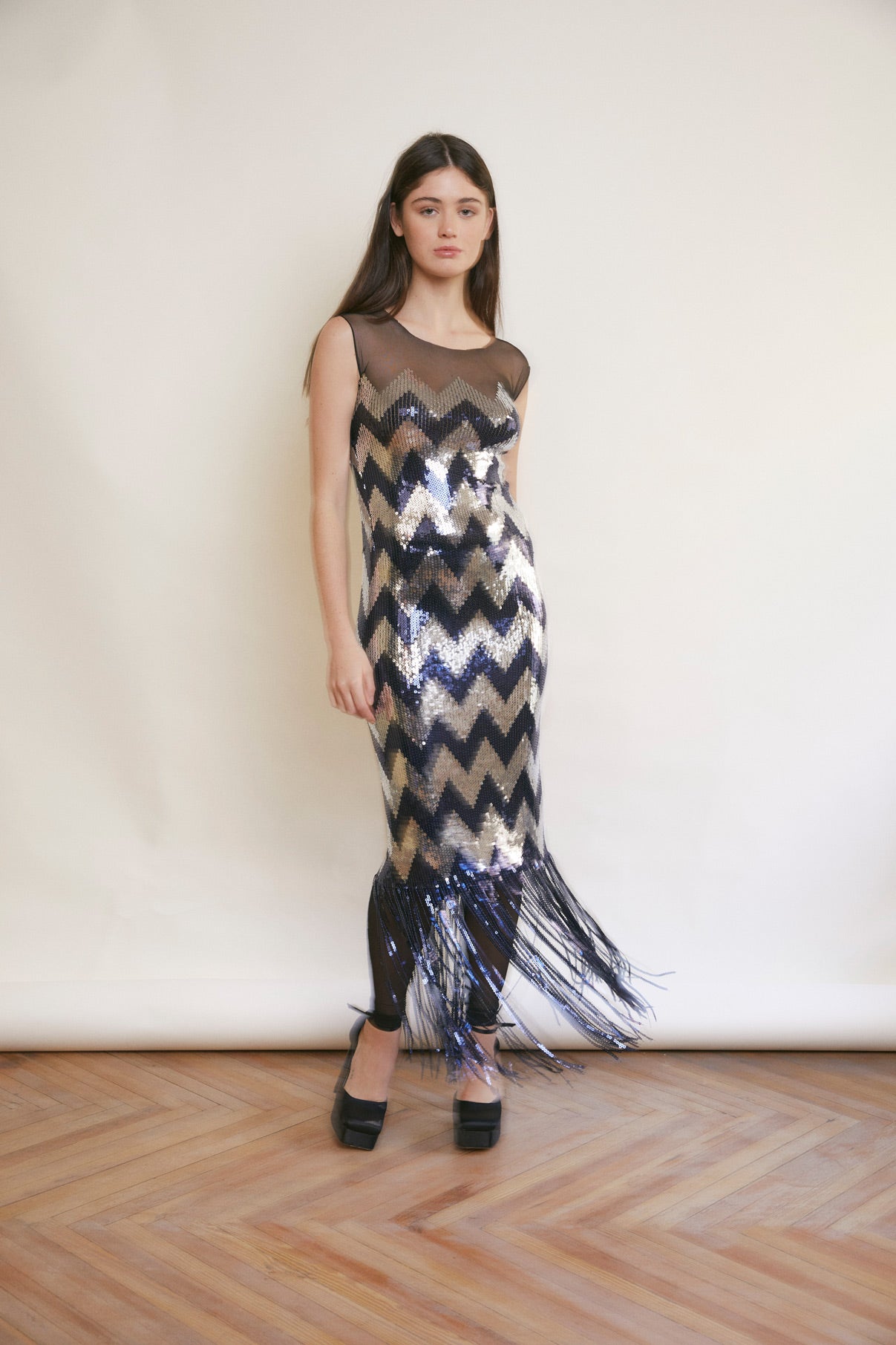 ZIGZAG SEQUIN FRINGE DRESS