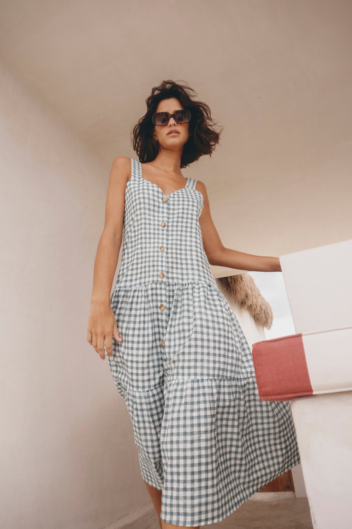 COBALT VICHY BUTTONED DRESS