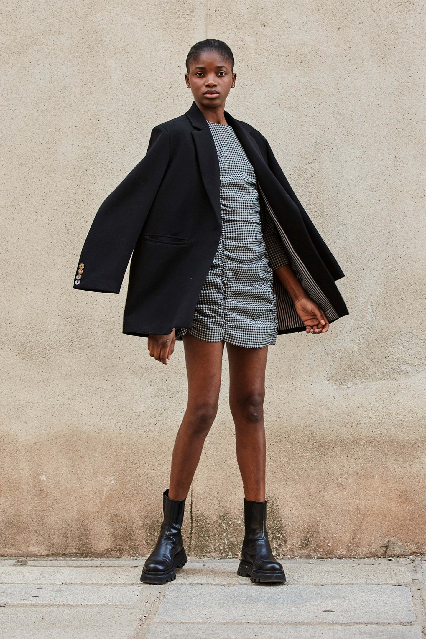 GREY VICHY GATHERED DRESS