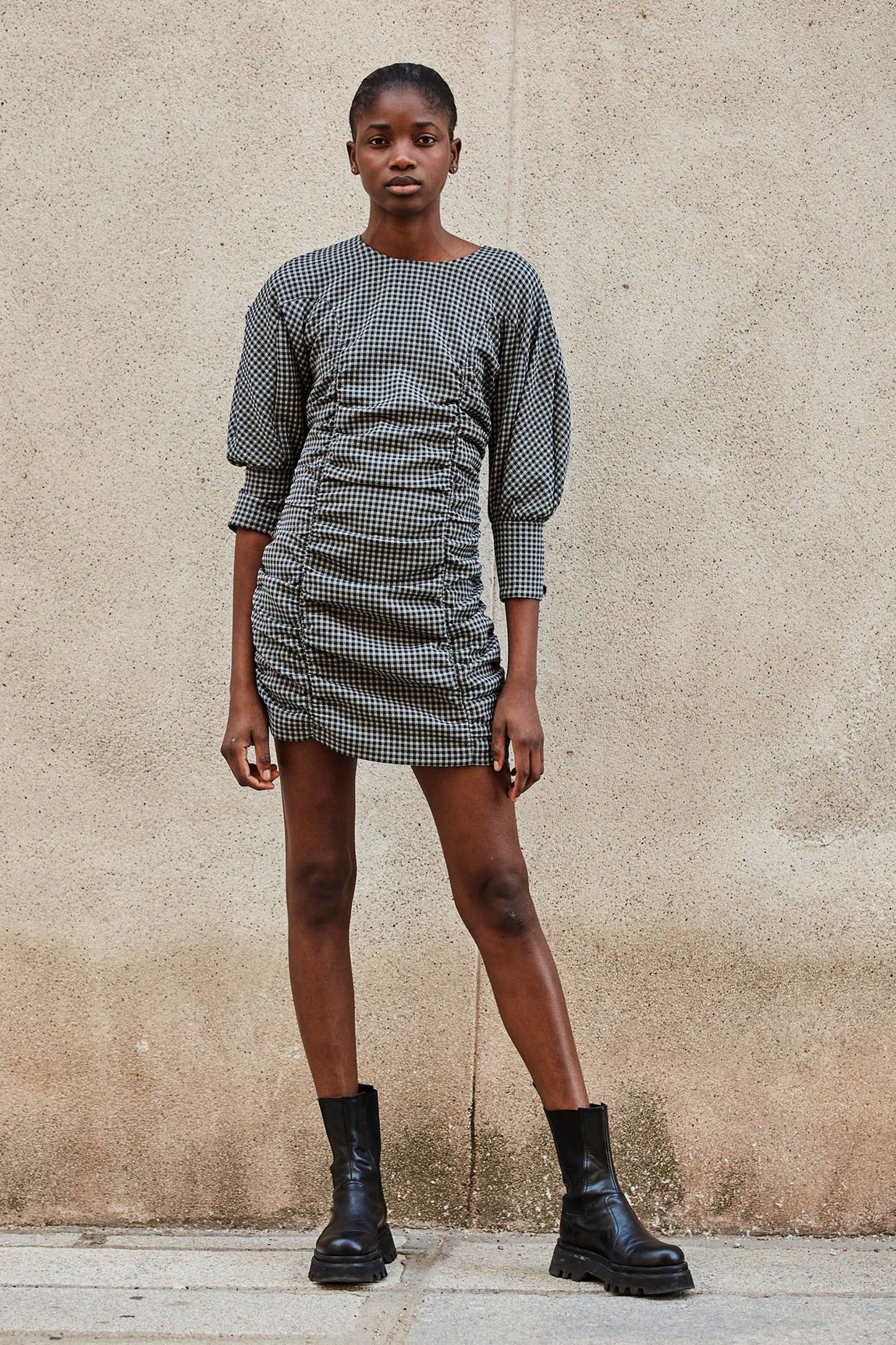 GREY VICHY GATHERED DRESS