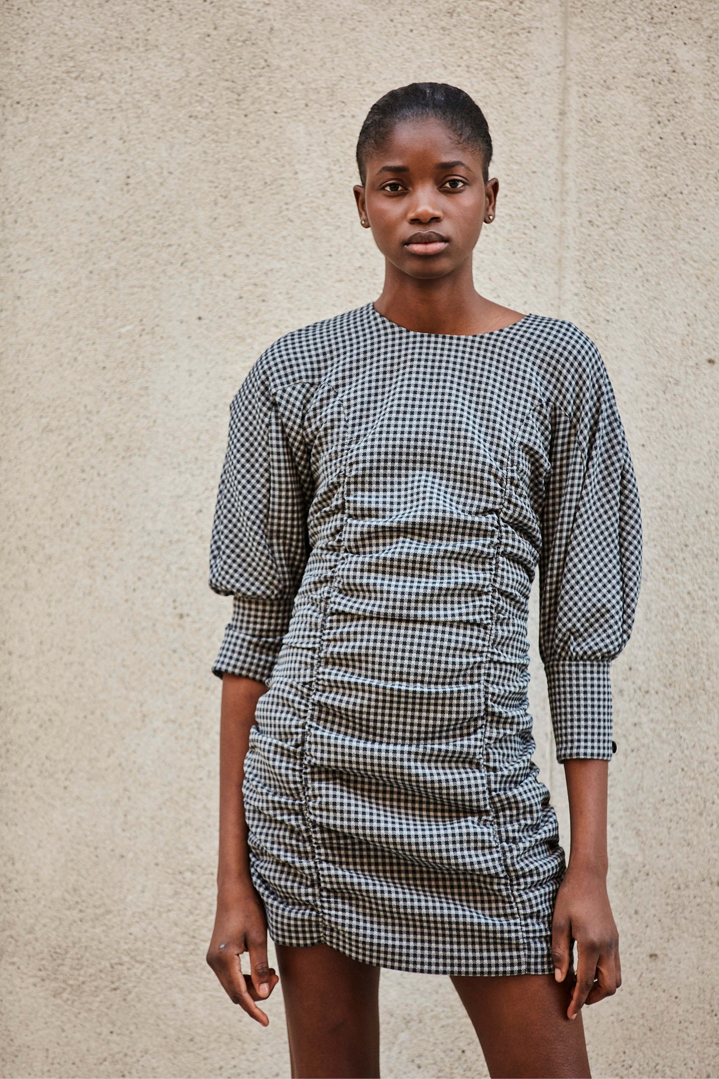 GREY VICHY GATHERED DRESS