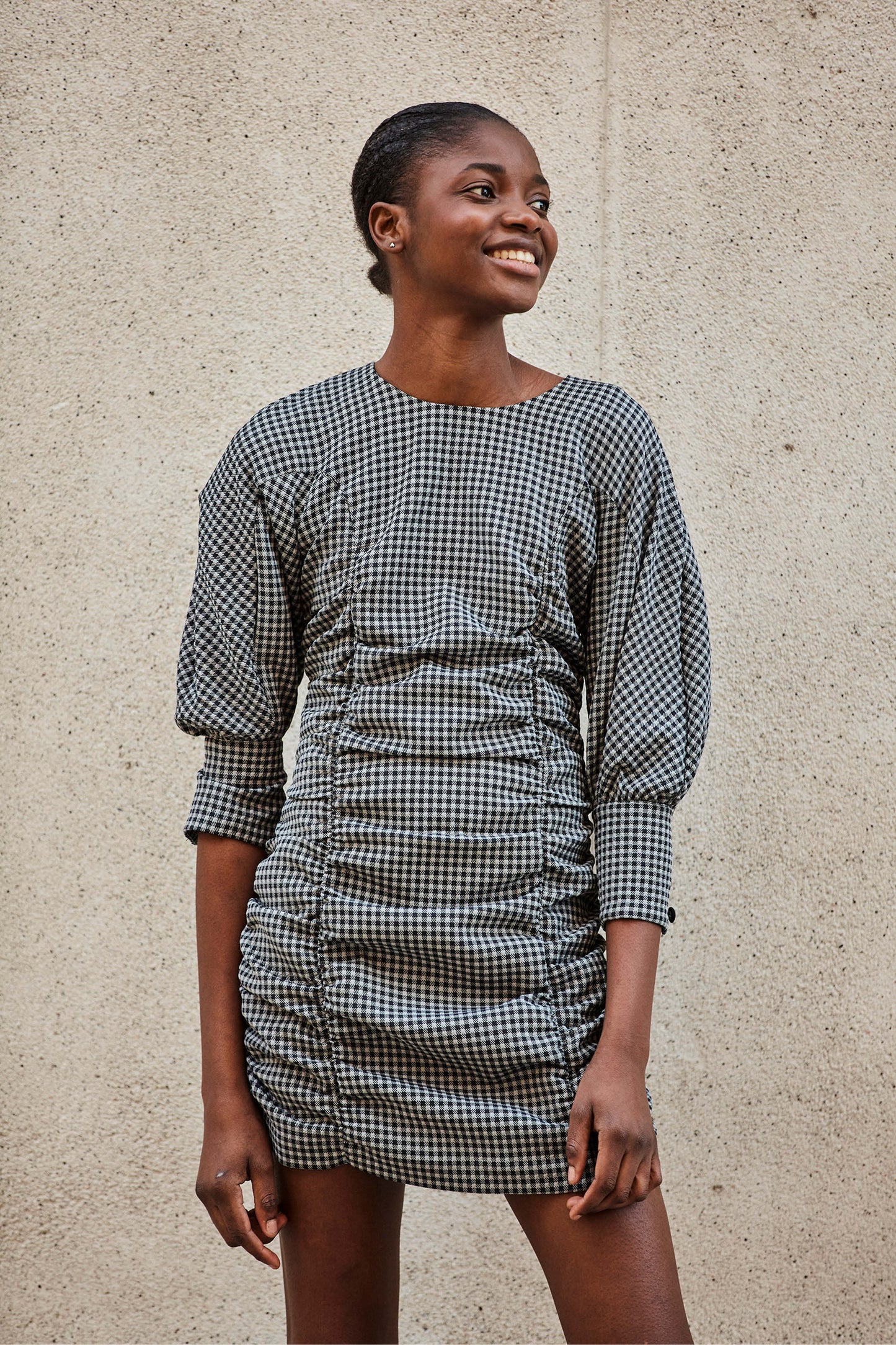 GREY VICHY GATHERED DRESS