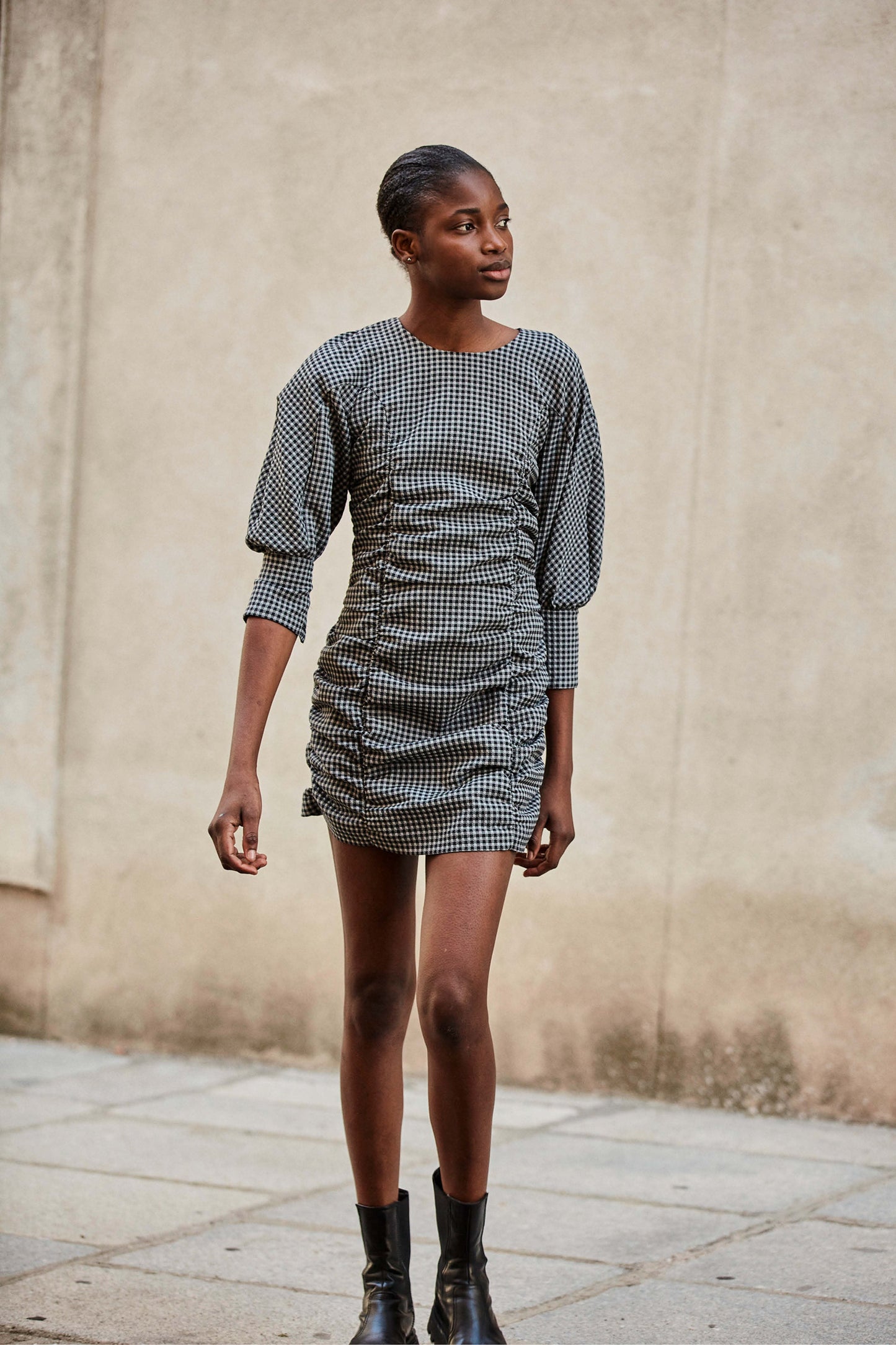 GREY VICHY GATHERED DRESS
