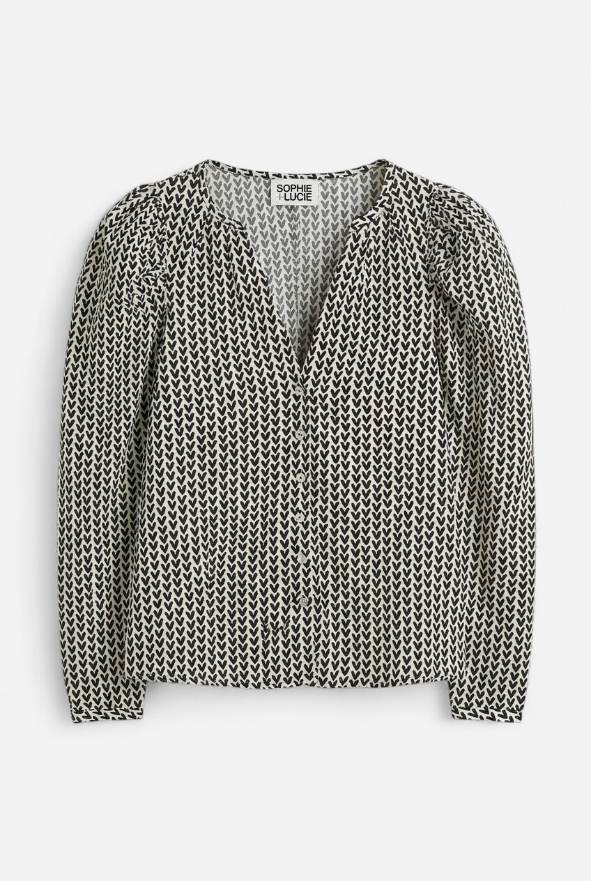 Puffed Sleeve Heart Print Shirt