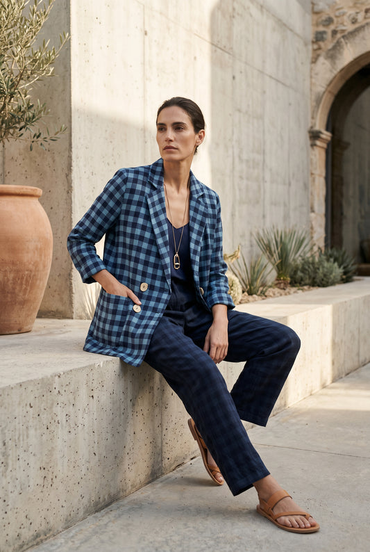 CHAQUETA CRUZADA BOTONES CUADRO AZUL
