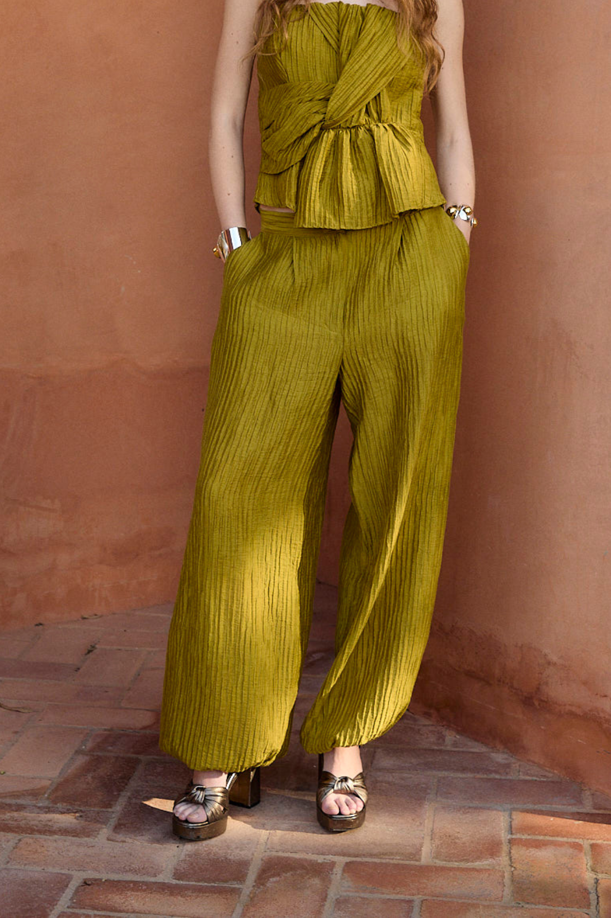LINDA CRINKLE OLIVE TROUSERS