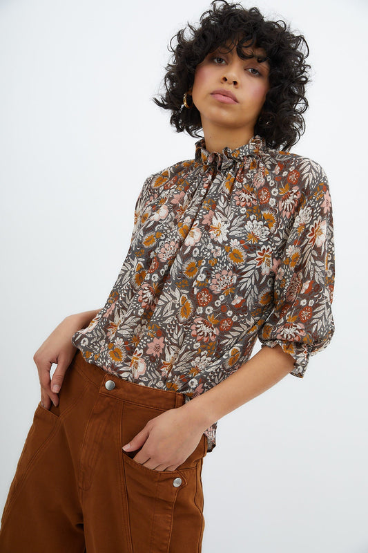 BLOUSE GOLA BALI FLOWER TOBACCO