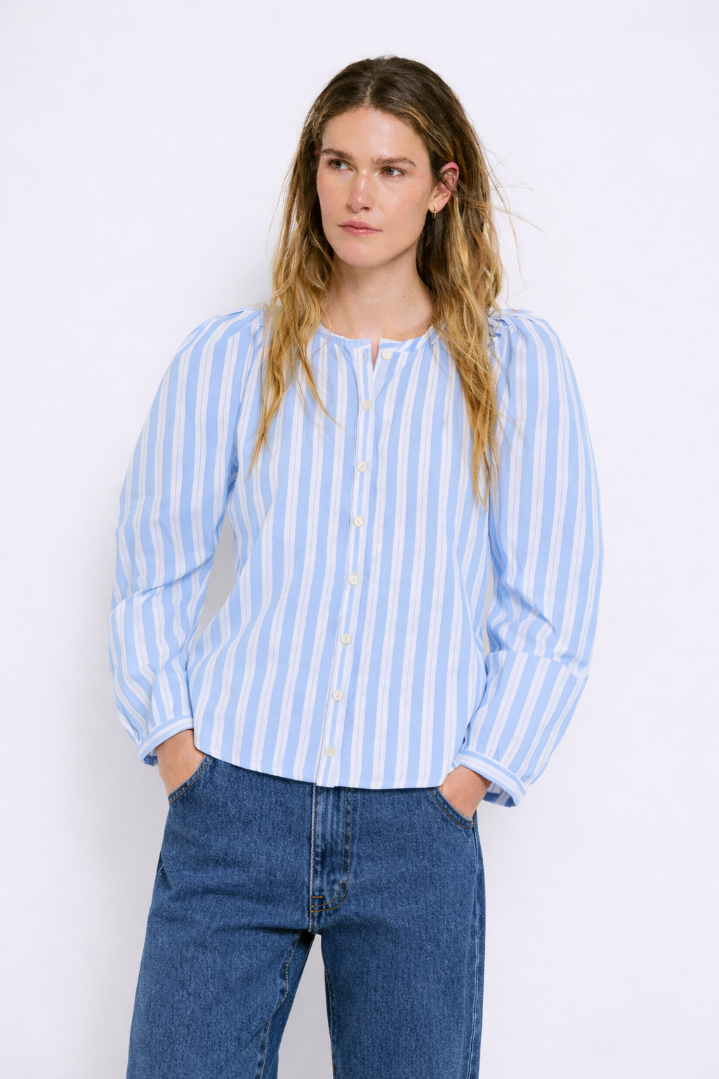 BLUE MIX STRIPED LANTERN SLEEVE BLOUSE