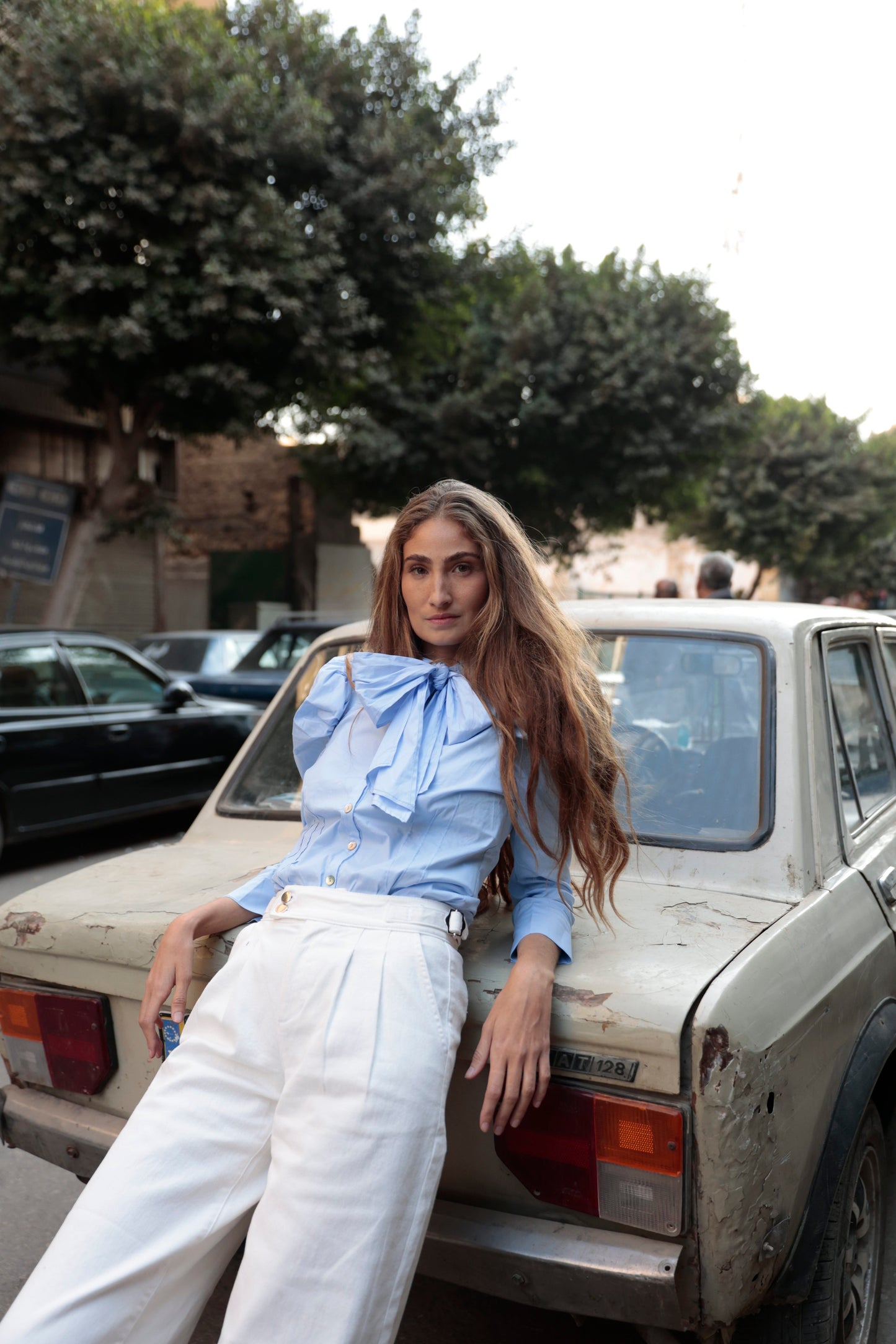 BOW TIE POPLIN BLOUSE BLUE