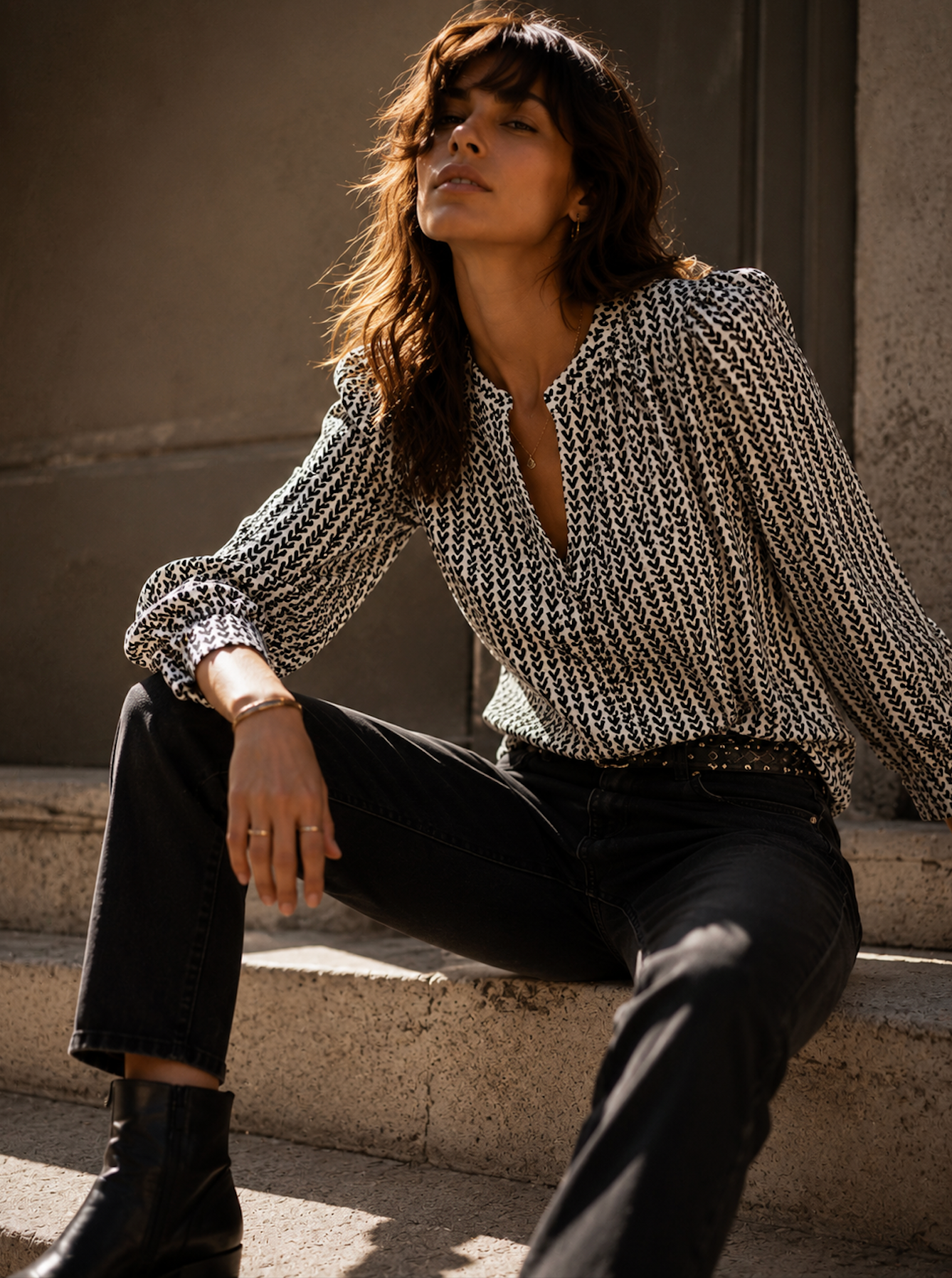 Puffed Sleeve Heart Print Shirt