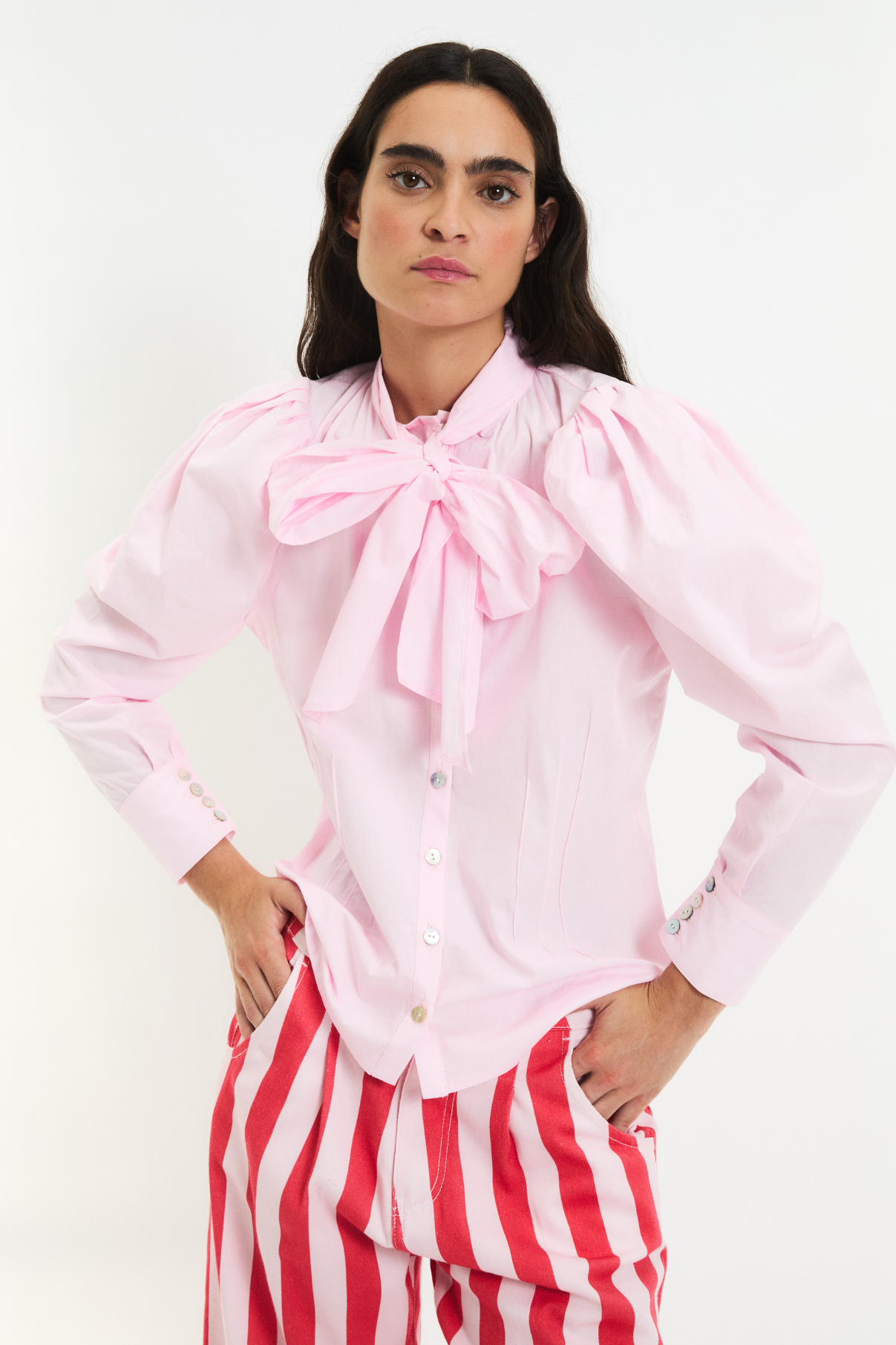 BOW TIE BLOUSE PINK POPLIN