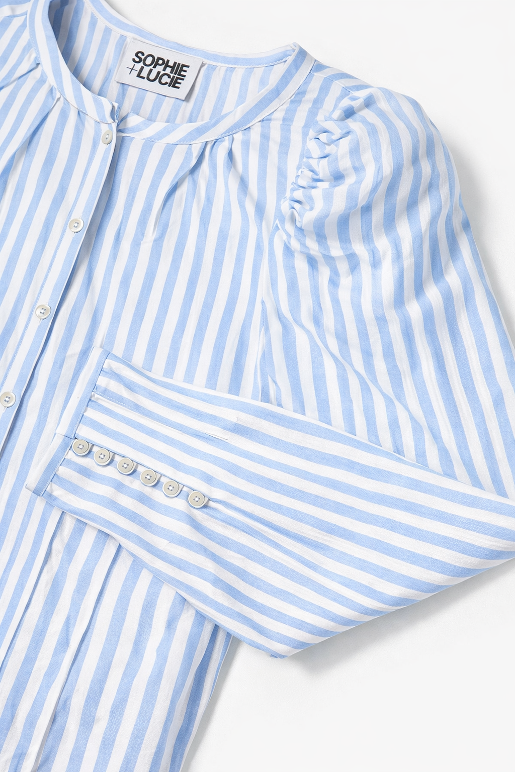 BLUE MIX STRIPED LANTERN SLEEVE BLOUSE