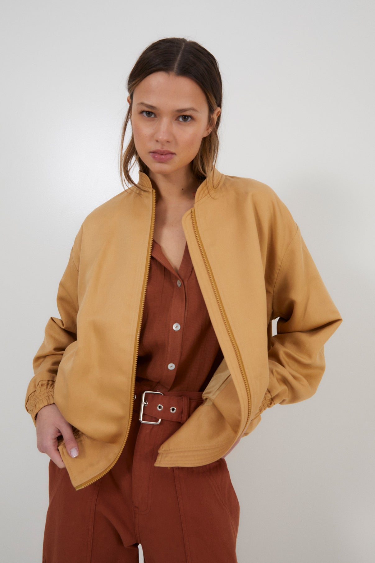 OCHRE LINEN BOMBER JACKET 